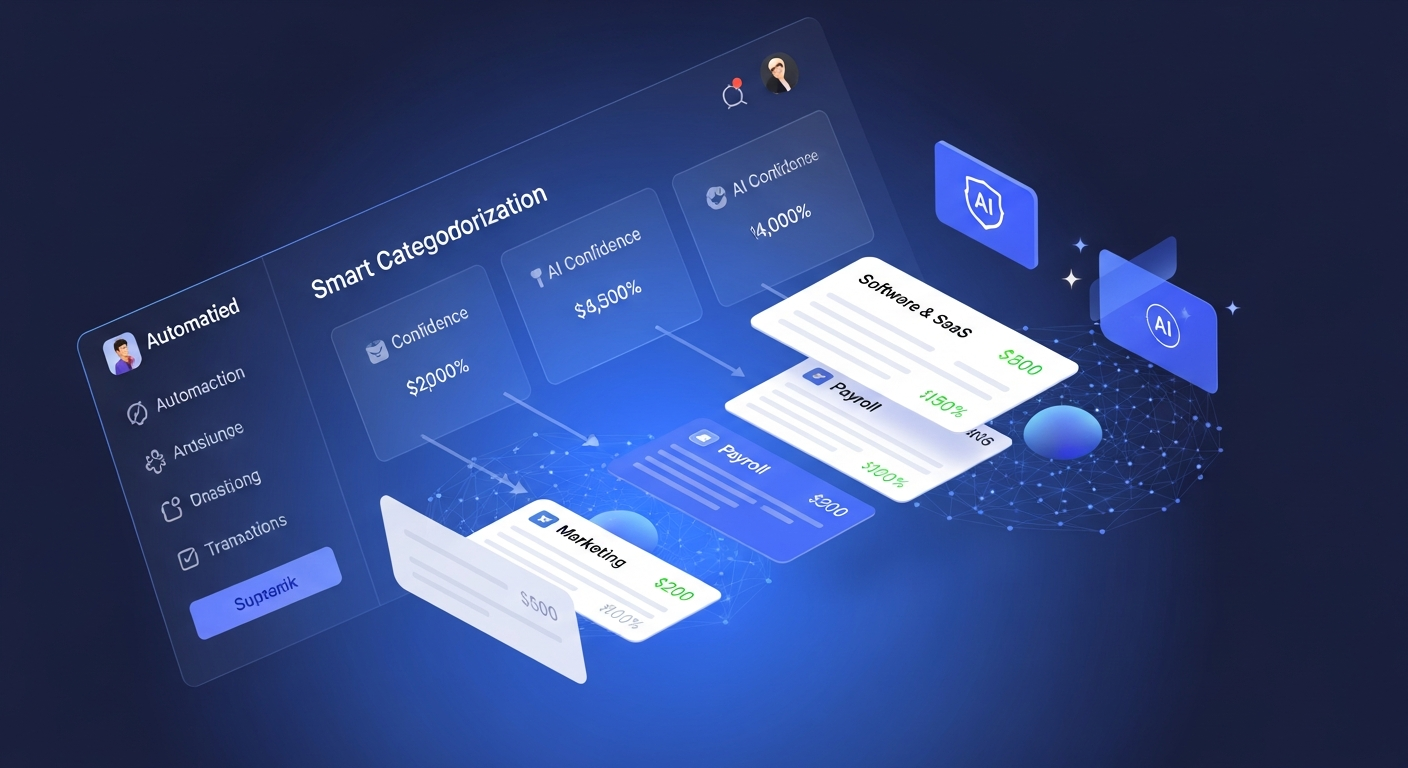 Modern AI-powered accounting automation dashboard showing transaction categorization in action. Clean, professional interface with automated transaction flows, AI confidence scores, and smart categorization suggestions. Minimalist design with blue and purple gradient accents, floating UI elements showing bank transactions being automatically sorted into categories like "Software & SaaS", "Payroll", "Marketing". Include visual indicators of machine learning at work with subtle neural network patterns or AI sparkles. Tech startup aesthetic, isometric or flat illustration style.