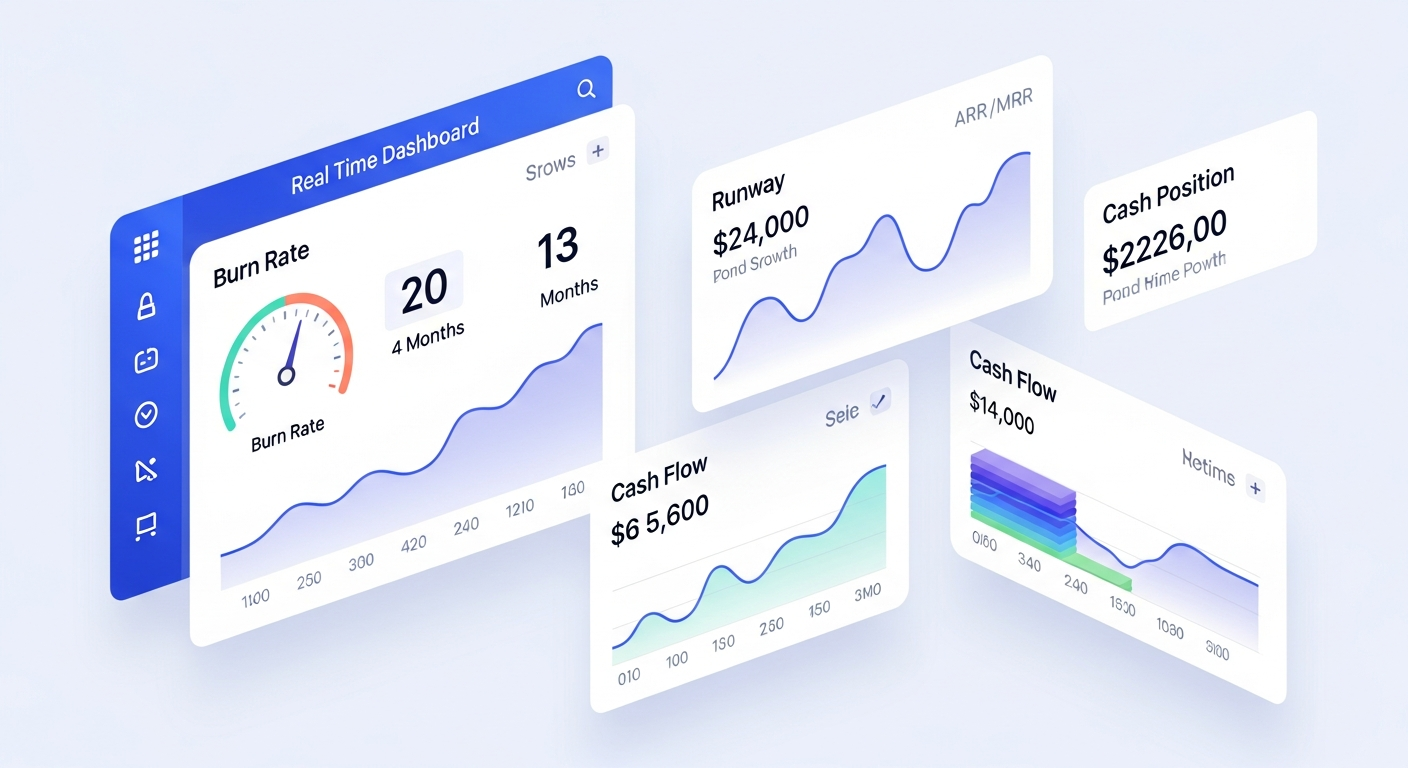 Modern startup financial dashboard showing real-time metrics for venture-backed companies. Clean, professional interface displaying key startup metrics: burn rate graph trending over time, runway countdown in months, cash position with current balance, ARR/MRR growth curves. Minimalist design with blue and purple gradient accents, floating UI cards showing different financial KPIs. Include visual elements like: a speedometer-style gauge for burn rate, a runway meter showing months remaining, stacked area chart for cash flow, and metric cards with dollar amounts. Tech startup aesthetic, isometric or flat illustration style, emphasis on real-time data visualization and financial clarity.
