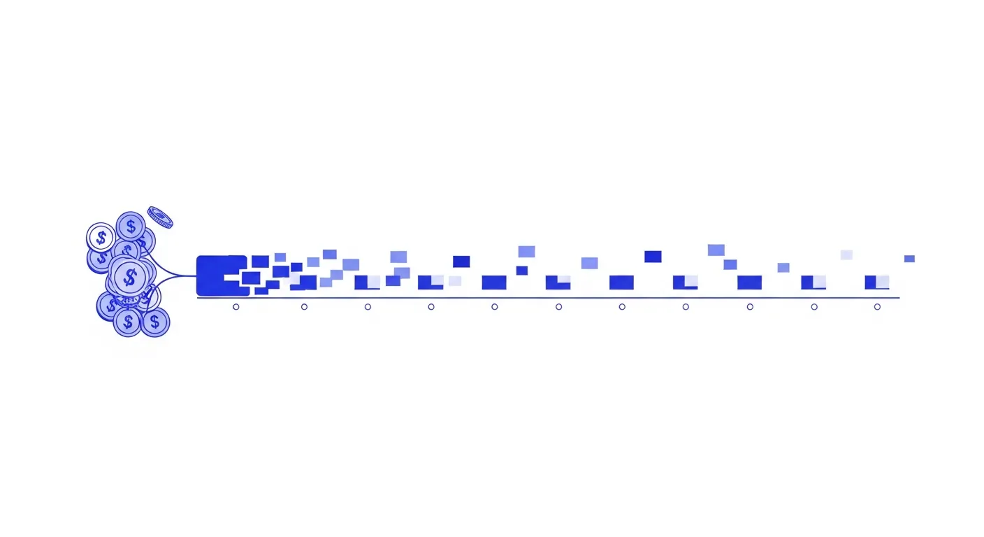Modern abstract illustration showing subscription revenue recognition over time, with a visual representation of cash received upfront flowing into monthly earned revenue segments. Show a timeline visualization with money or payment symbols on one end transforming into distributed revenue blocks across multiple time periods. Use clean, professional design with blues, purples, and white. Include visual metaphors for deferred revenue liability and gradual recognition. Minimalist, tech-forward style suitable for financial software. No text or letters.