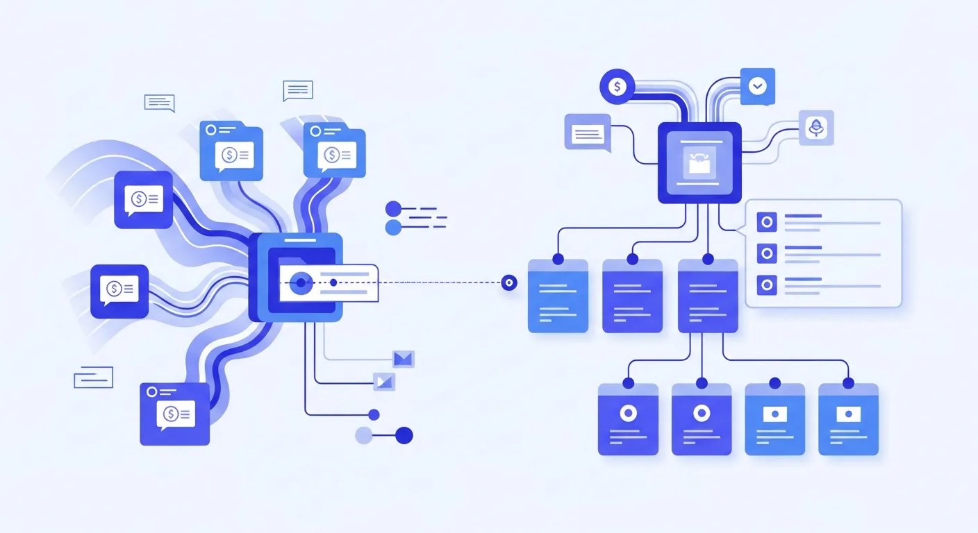 Modern abstract illustration showing automated financial transaction flow, with multiple payment sources flowing into a central processing hub that organizes and categorizes them into neat, organized groups. Use a clean, tech-forward style with blues, purples, and white. Show visual metaphors for automation like flowing data streams, organized categories, and connection patterns. Minimalist, professional design suitable for fintech software.