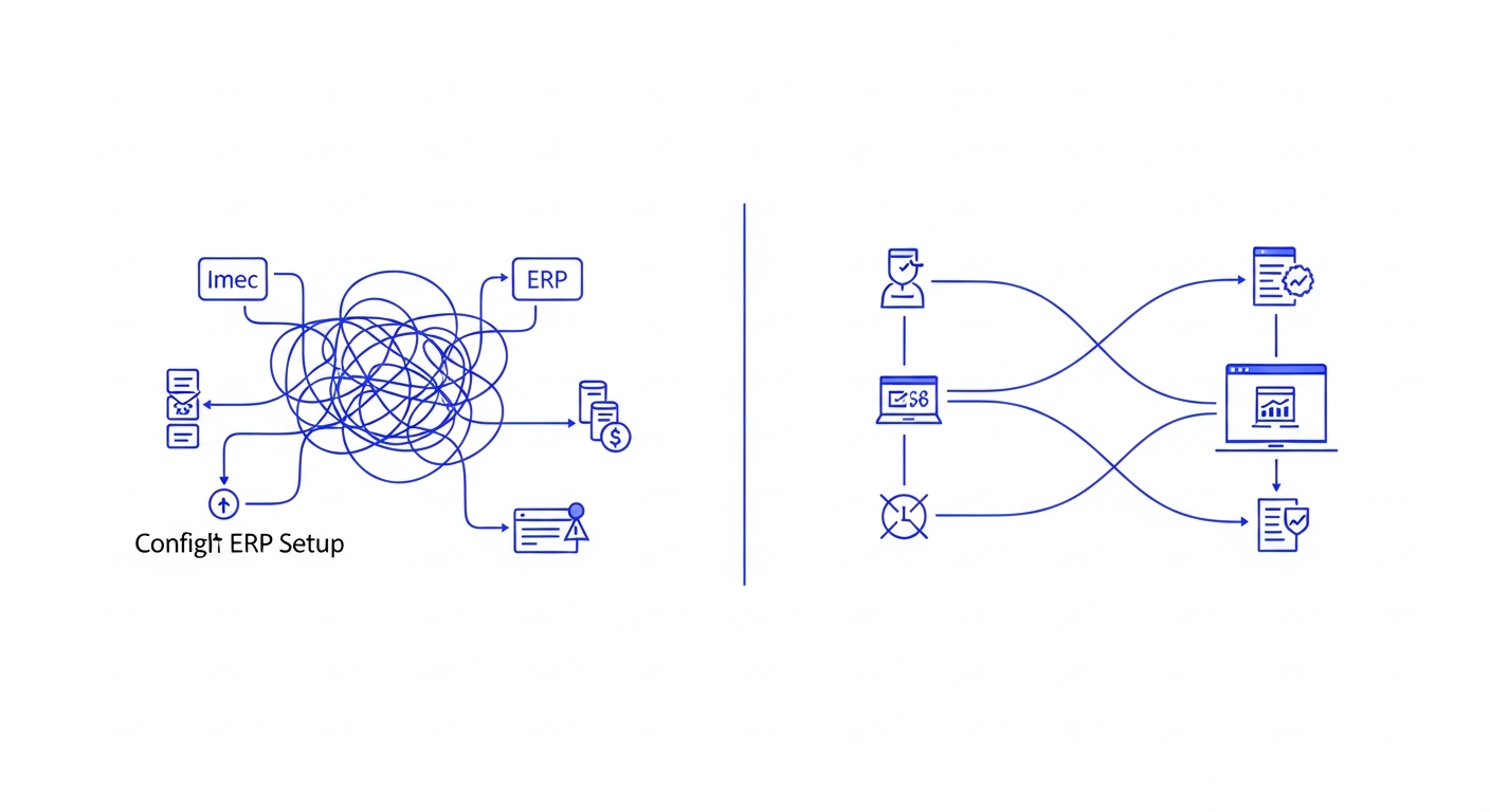 A clean, modern illustration showing two contrasting workflows side by side. On the left, a complex tangled path with multiple branches, configuration nodes, and connection points representing lengthy ERP setup. On the right, a simple, streamlined path with just a few direct connections flowing smoothly from financial tools to a central platform. Use a professional blue and purple color scheme with minimalist design style.