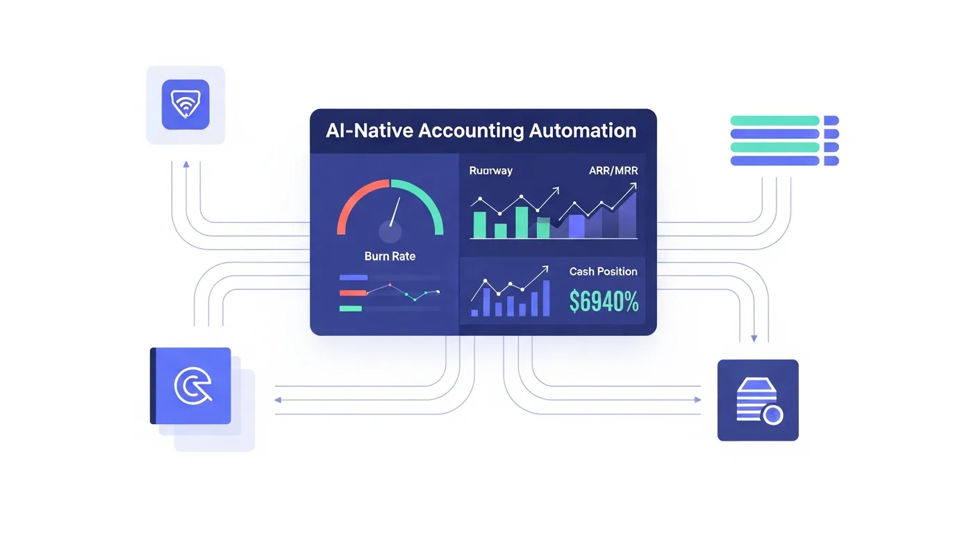 A modern, clean illustration showing AI-native accounting automation concept. Depict a central dashboard with real-time financial metrics flowing in: burn rate gauge, runway timeline, ARR/MRR graphs trending upward, and cash position indicator. Show automated data streams connecting from fintech app icons (represented as abstract nodes) flowing into the central system. Include visual elements representing dual accounting books running simultaneously. Use a professional color palette with blues, purples, and greens. Minimalist, flat design style with geometric shapes, smooth gradients, and flowing connection lines suggesting seamless integration and real-time data flow. No text or letters.