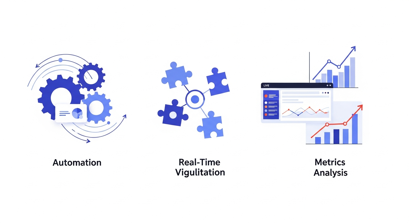 A clean, modern illustration showing a systematic evaluation process for software comparison. Depict abstract elements representing automation with flowing gears or automated workflows, integrations shown as connecting nodes or puzzle pieces linking together, real-time data visualization with live dashboard elements or continuous data streams, and metrics analysis with upward trending graphs. Use a professional color palette with blues, greens, and purples. The composition should suggest systematic assessment and decision-making in a startup technology context. Minimalist, flat design style with geometric shapes and smooth gradients, conveying efficiency and modern technology.