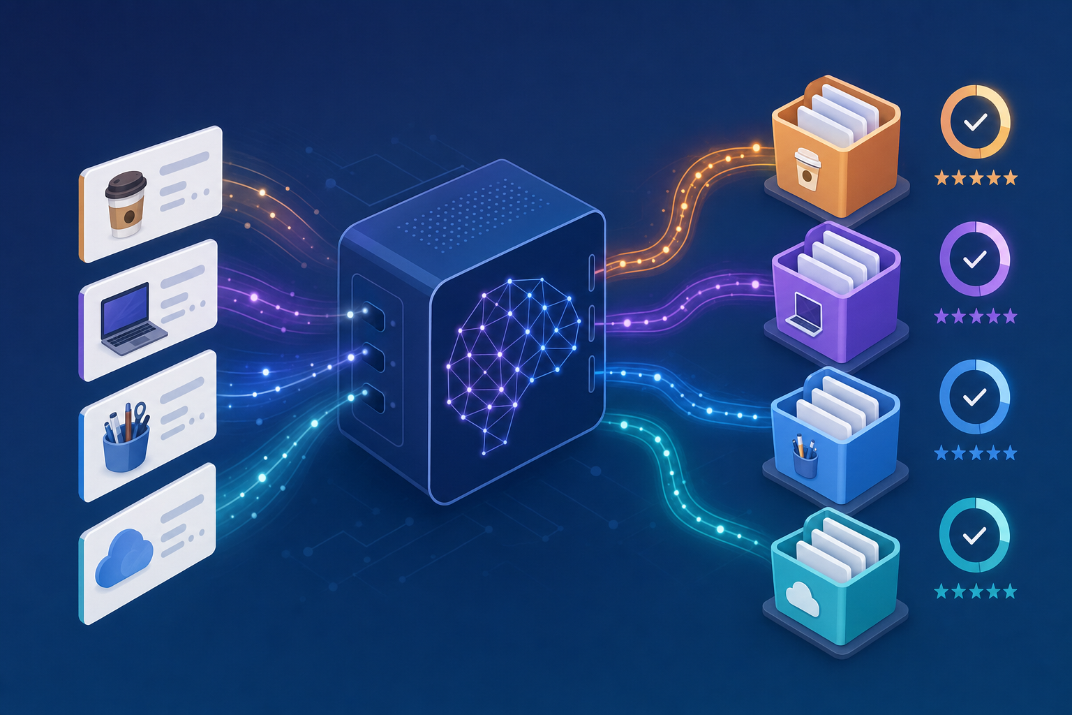 A modern, clean illustration showing AI-powered transaction categorization in action. Show a flow of diverse business transactions (coffee shop purchases, software subscriptions, office supplies, cloud services) being automatically sorted into organized categories. Visualize the AI element with subtle neural network patterns or intelligent routing paths. Use a professional color palette with blues and purples. Include visual elements like transaction cards flowing through an intelligent sorting system, automated category buckets, and accuracy indicators. Flat or isometric design style, tech-forward aesthetic, no text or words.