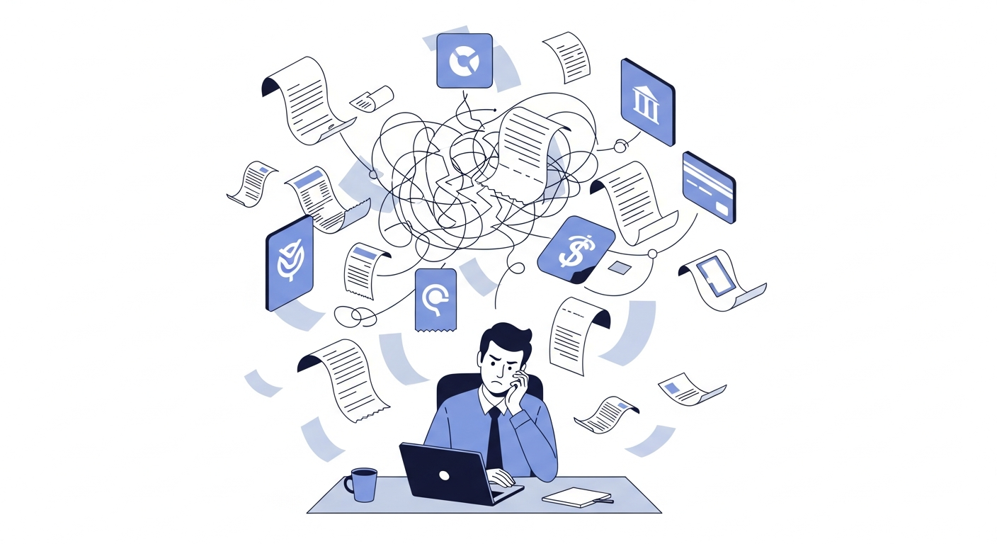 A clean, modern illustration showing a frustrated startup founder at a desk surrounded by floating financial transaction receipts and documents, with some receipts connected to fintech app icons like credit cards and banking symbols through tangled, broken connection lines. The scene should convey the chaos of manual categorization work. Use a minimal color palette with blues and grays, isometric or flat design style, professional and clean aesthetic without any text or labels.