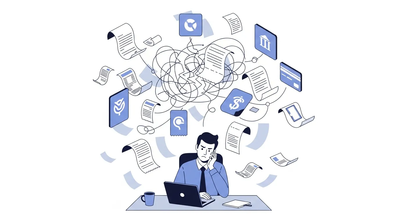 A clean, modern illustration showing a frustrated startup founder at a desk surrounded by floating financial transaction receipts and documents, with some receipts connected to fintech app icons like credit cards and banking symbols through tangled, broken connection lines. The scene should convey the chaos of manual categorization work. Use a minimal color palette with blues and grays, isometric or flat design style, professional and clean aesthetic without any text or labels.