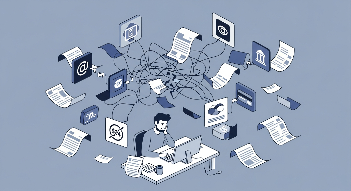 A clean, modern illustration showing a frustrated startup founder at a desk surrounded by floating financial transaction receipts and documents, with some receipts connected to fintech app icons like credit cards and banking symbols through tangled, broken connection lines. The scene should convey the chaos of manual categorization work. Use a minimal color palette with blues and grays, isometric or flat design style, professional and clean aesthetic without any text or labels.