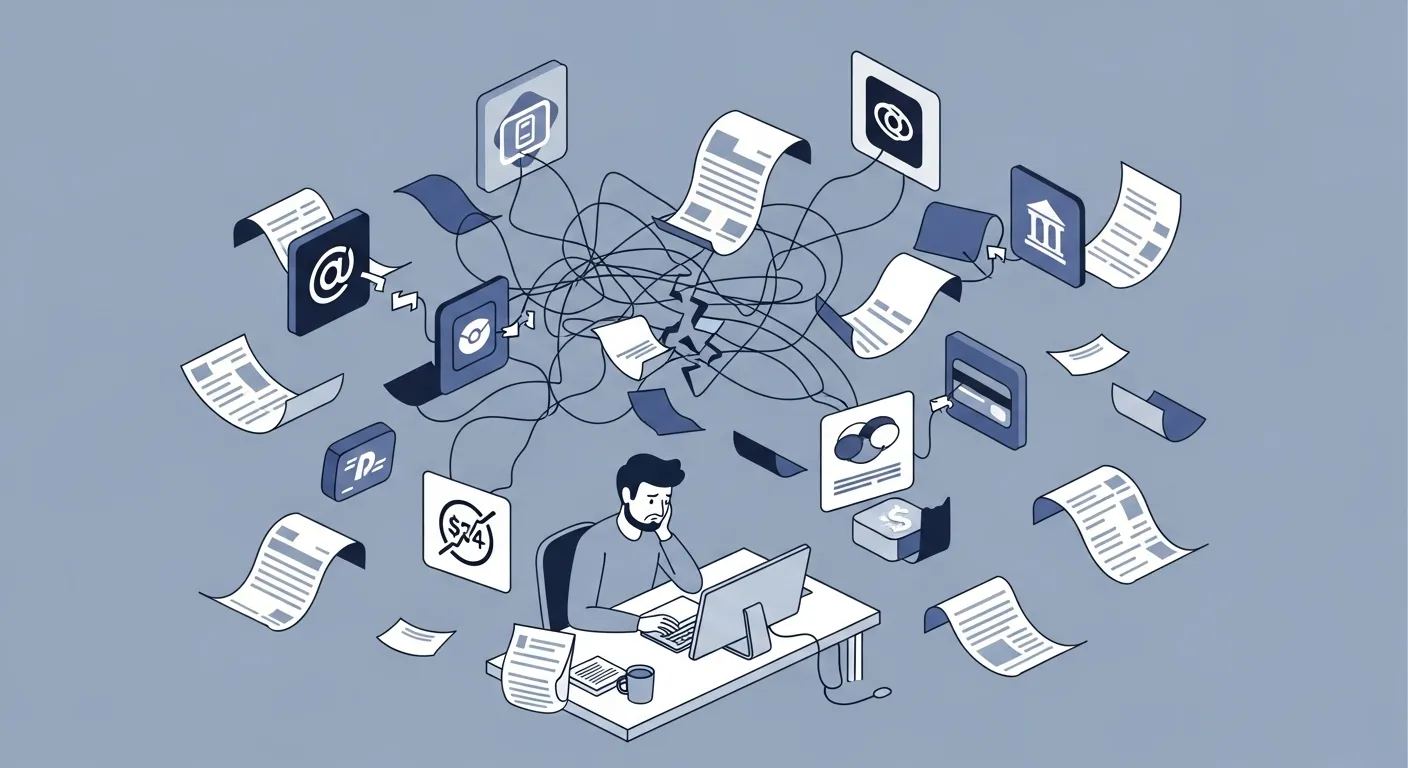 A clean, modern illustration showing a frustrated startup founder at a desk surrounded by floating financial transaction receipts and documents, with some receipts connected to fintech app icons like credit cards and banking symbols through tangled, broken connection lines. The scene should convey the chaos of manual categorization work. Use a minimal color palette with blues and grays, isometric or flat design style, professional and clean aesthetic without any text or labels.