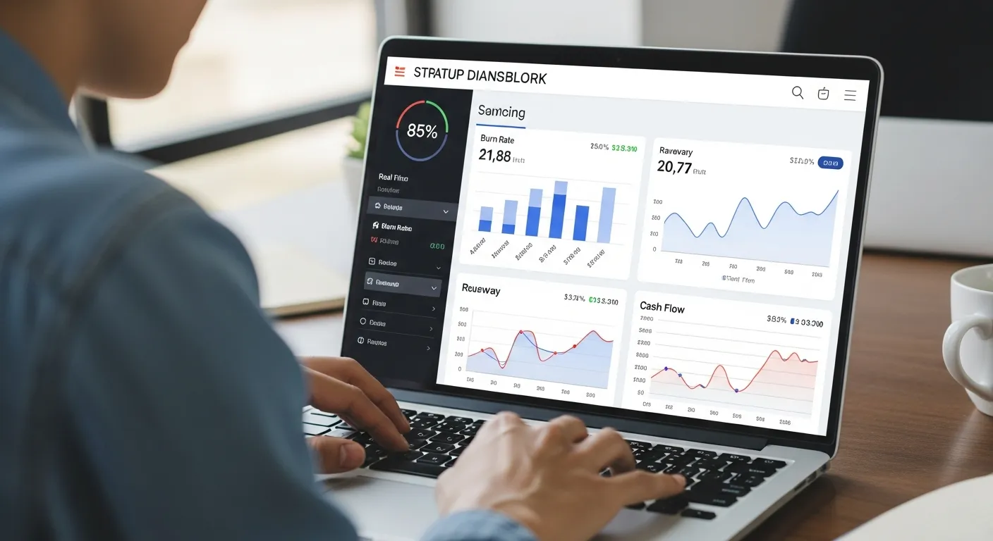 Modern startup founder looking at a laptop dashboard showing financial metrics like burn rate, runway, and real-time cash flow graphs. The scene should convey speed, clarity, and modern technology with a clean, minimalist aesthetic. Include visual elements suggesting real-time data updates, growth charts, and financial insights. Professional office environment with natural lighting.