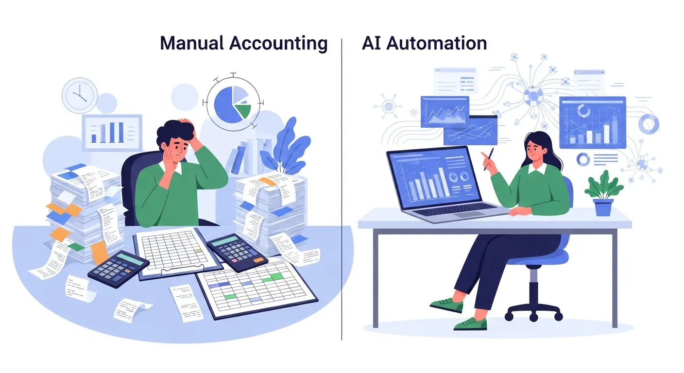 A clean, modern split-screen illustration showing contrast between manual accounting and AI automation. Left side: person surrounded by stacks of paper receipts, spreadsheets, and calculators looking stressed and overwhelmed. Right side: same person relaxed at a clean desk with a sleek laptop showing automated graphs and charts processing in the background, with visual elements suggesting AI like neural network patterns or flowing data streams. Professional office environment, minimalist aesthetic, natural lighting, modern color palette with blues and greens.