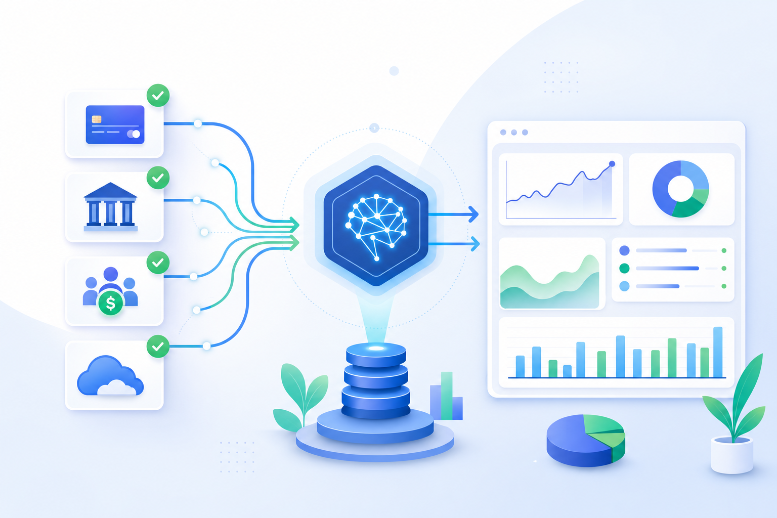 A modern, clean illustration showing automated accounting workflow for startups. Visualize financial data flowing automatically from various connected services (payment processor, banking, payroll platforms) into a central accounting system with AI processing. Show real-time financial dashboard elements displaying metrics. Use a professional color palette with blues and greens, minimalist design suitable for a SaaS fintech blog, geometric and abstract style, no text or letters or words