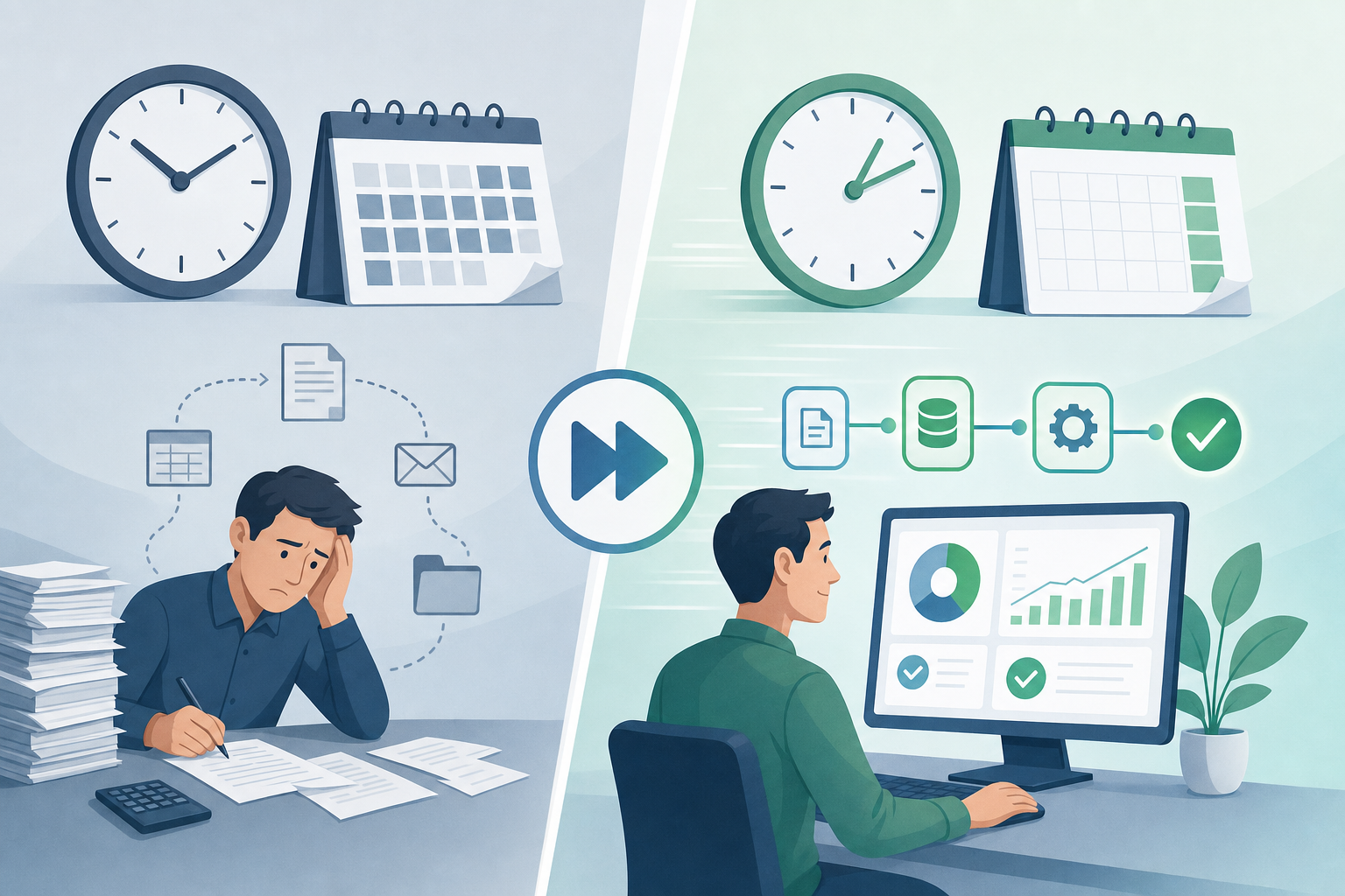 A clean, modern illustration showing time savings and efficiency in financial processes. Depict a before-and-after comparison with clocks, calendar pages, and automated workflow symbols. Use a professional color palette with blues and greens. Show streamlined digital processes replacing manual work, with visual metaphors for speed and automation like fast-forward symbols or simplified flowcharts. Minimalist, tech-forward style without any text or letters.