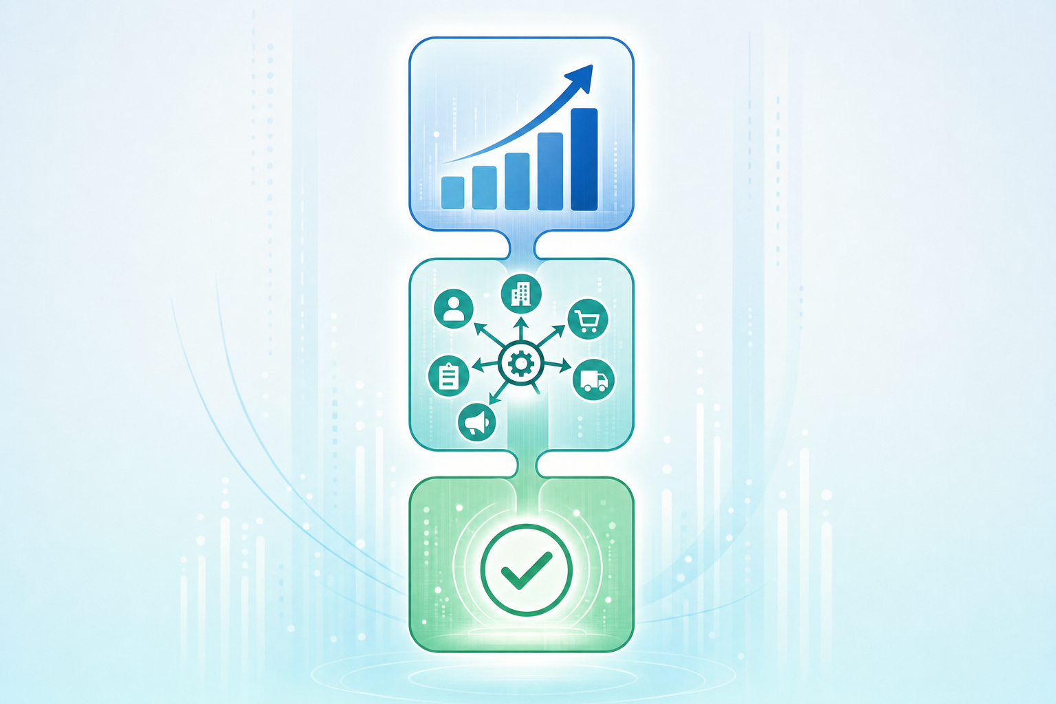 A clean, modern diagram showing the three core components of an income statement flowing downward: revenue at the top represented by ascending bars or growth arrows, expenses in the middle shown as various cost categories or outward flows, and net income at the bottom depicted as the final result or bottom line. Use a professional color scheme with blues and greens, minimalist style, no text or labels, abstract financial visualization.