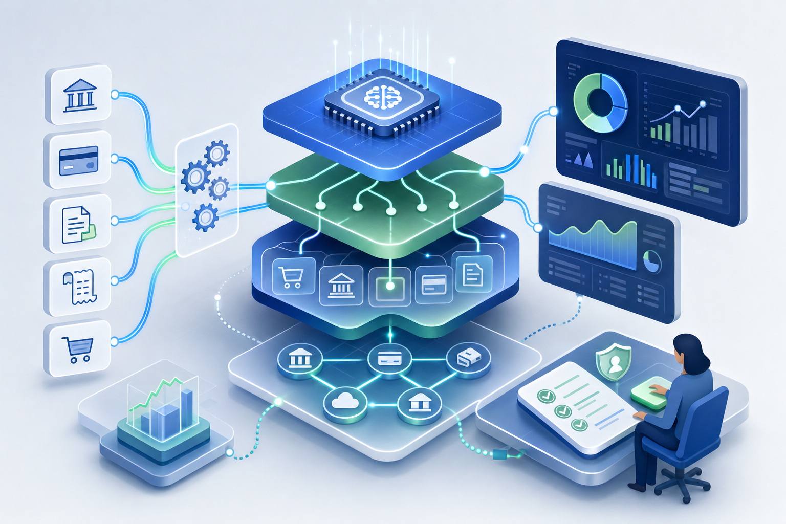A modern, clean illustration showing AI-native accounting software architecture. Visualize automated transaction categorization with flowing data streams, real-time financial dashboards with live metrics, and human oversight controls. Use a professional color palette with blues and greens. Show interconnected systems with fintech integrations represented as connected nodes. Include visual metaphors for automation (gears, flows) and human review (approval checkpoints). Isometric or layered diagram style, technical but accessible, no text or words.