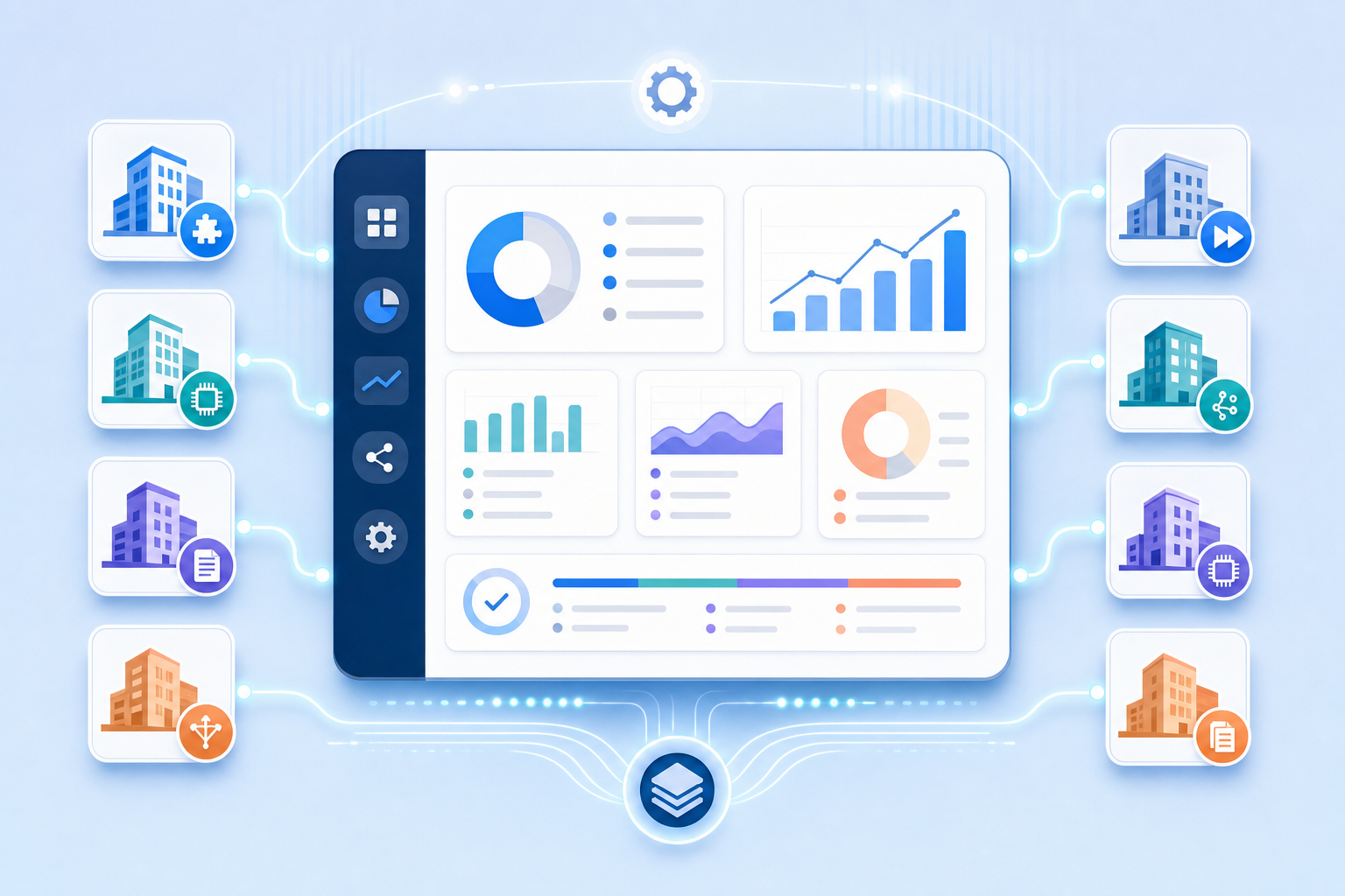 A clean, modern illustration showing a centralized dashboard interface for managing multiple business clients. The design should feature a grid or card-based layout with multiple client accounts represented as organized panels or tiles. Include visual elements suggesting automation like connecting lines, synchronized data flows, and organized financial information. Use a professional color palette with blues, whites, and subtle accent colors. The style should be minimalist and tech-forward, conveying organization, efficiency, and multi-client management without any text or labels.