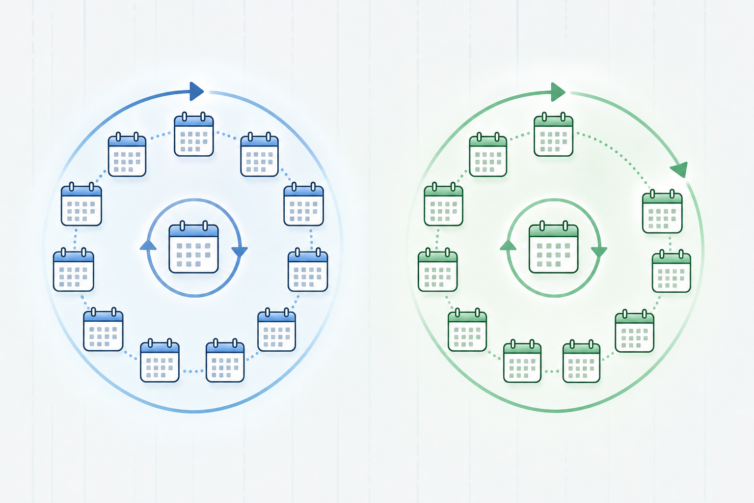 A clean, modern illustration showing two circular calendar diagrams side by side. The left calendar shows a traditional calendar year cycle starting in January with months arranged in a circle, highlighted in blue tones. The right calendar shows a fiscal year cycle that can start at any point, with months arranged in a circle but starting from a different position, highlighted in green tones. Both calendars show the 12-month cycle concept with smooth, professional design. Minimalist style with clear visual distinction between the two types of years. No text or labels.