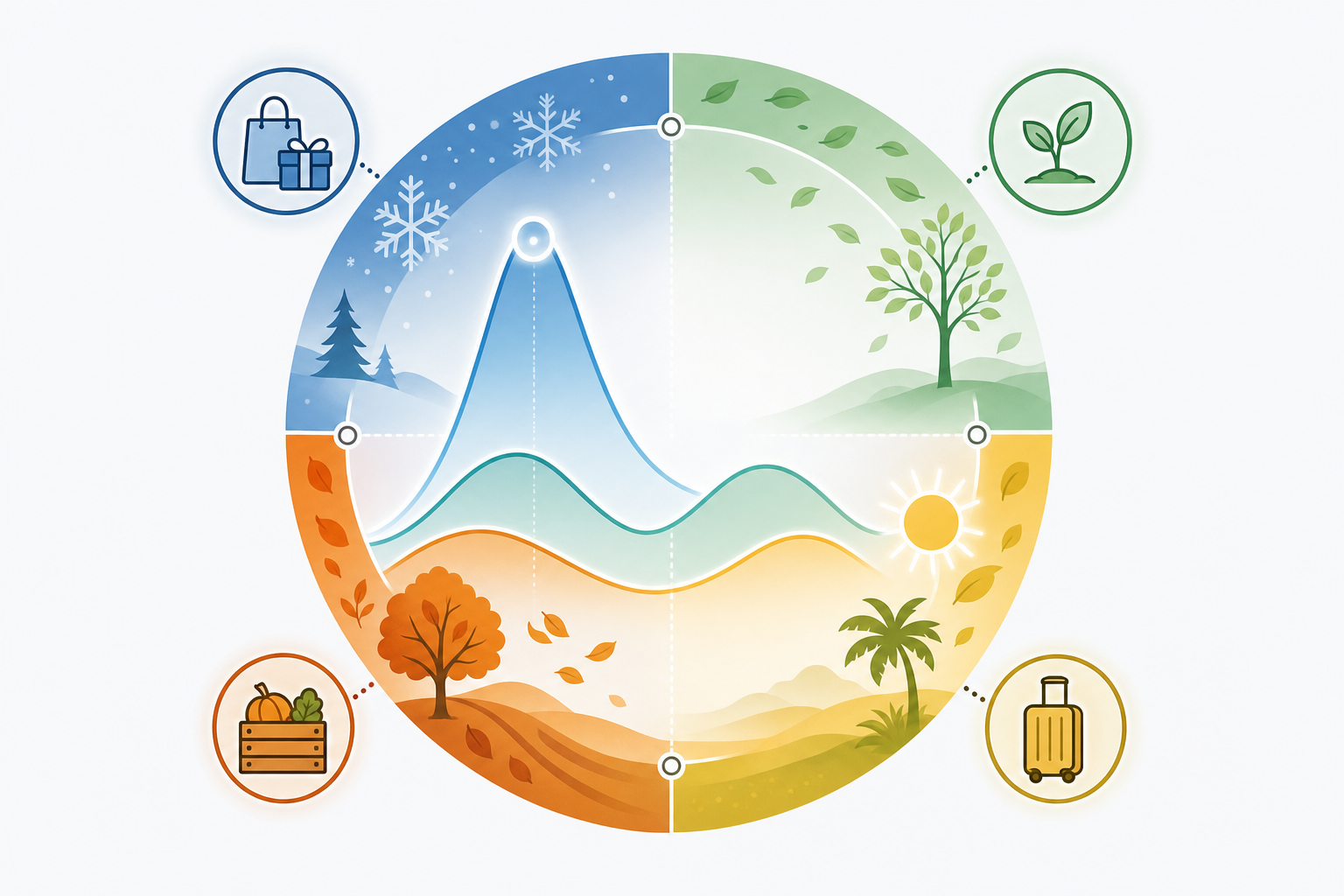 A clean, modern illustration showing a seasonal business cycle visualization. Display a circular annual timeline with four distinct seasons marked by subtle visual cues (winter snowflakes, spring leaves, summer sun, autumn colors). Show business activity waves or curves overlaying the seasons, with a peak during one season (like winter holidays) and lower activity in other periods. Include simple icons representing retail shopping, agricultural harvest, or tourism. Use a professional color palette with blues, greens, and warm tones. Minimalist style, no text or labels, focus on the cyclical nature of seasonal business patterns.