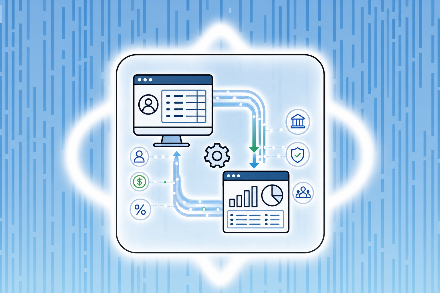 A clean, modern illustration showing automated payroll data flow from a payroll system to accounting software. Show stylized computer screens or interface windows with flowing data streams, arrows indicating automatic synchronization, and visual representations of financial data like wage amounts, tax figures, and benefit deductions moving seamlessly between systems. Use a professional blue and white color scheme with subtle green accents. The style should be minimal, geometric, and diagram-like, conveying efficiency and automation without any text or labels.