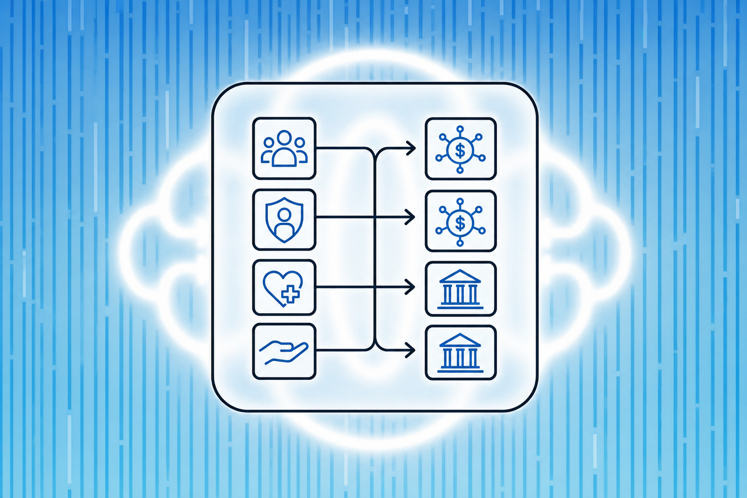 A clean, modern diagram showing chart of accounts structure for payroll mapping. Display a visual flow showing payroll categories on the left (gross wages, employer taxes, employee benefits, reimbursements) connecting with arrows to corresponding general ledger account types on the right (expense accounts and liability accounts). Use a professional blue and white color scheme with subtle organizational boxes and connecting lines. The style should be minimal, geometric, and diagram-like, conveying clear accounting structure without any text labels or words.