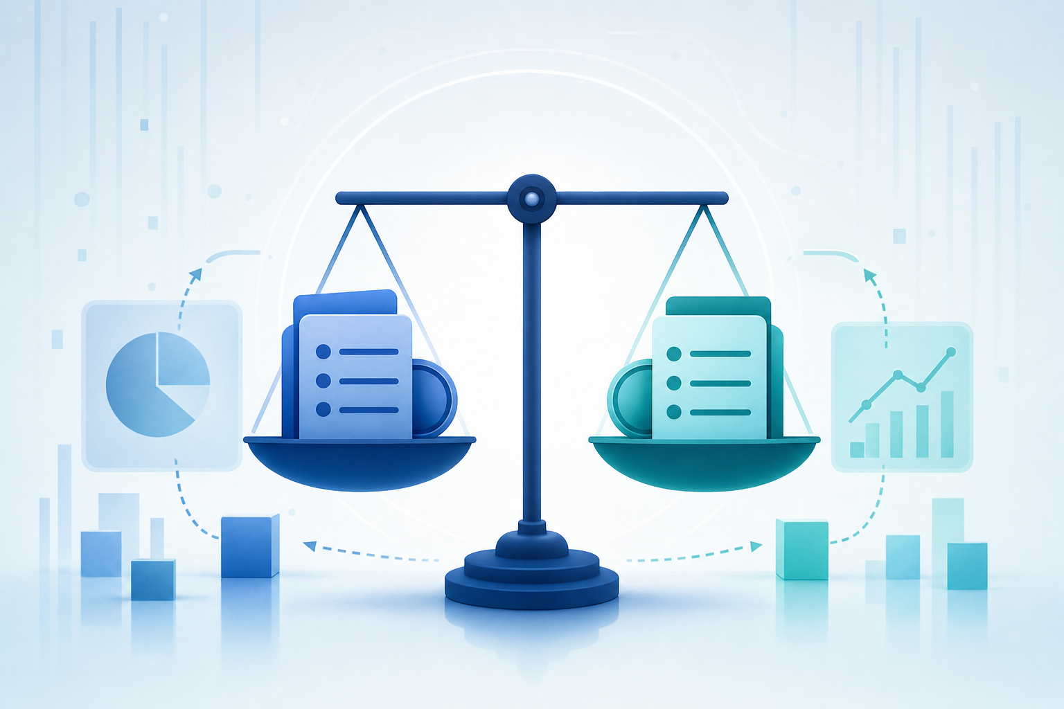 A clean, modern illustration of double-entry accounting concept showing two balanced columns or scales, with abstract representations of debits and credits in balance. Use a professional color scheme with blues and subtle gradients. The image should convey the idea of balance and equilibrium in financial accounting, with geometric shapes representing accounts and transactions flowing between them. Minimalist, professional style suitable for a business finance article.
