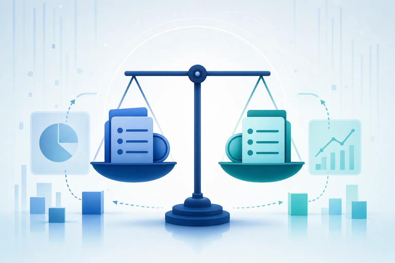 A clean, modern illustration of double-entry accounting concept showing two balanced columns or scales, with abstract representations of debits and credits in balance. Use a professional color scheme with blues and subtle gradients. The image should convey the idea of balance and equilibrium in financial accounting, with geometric shapes representing accounts and transactions flowing between them. Minimalist, professional style suitable for a business finance article.