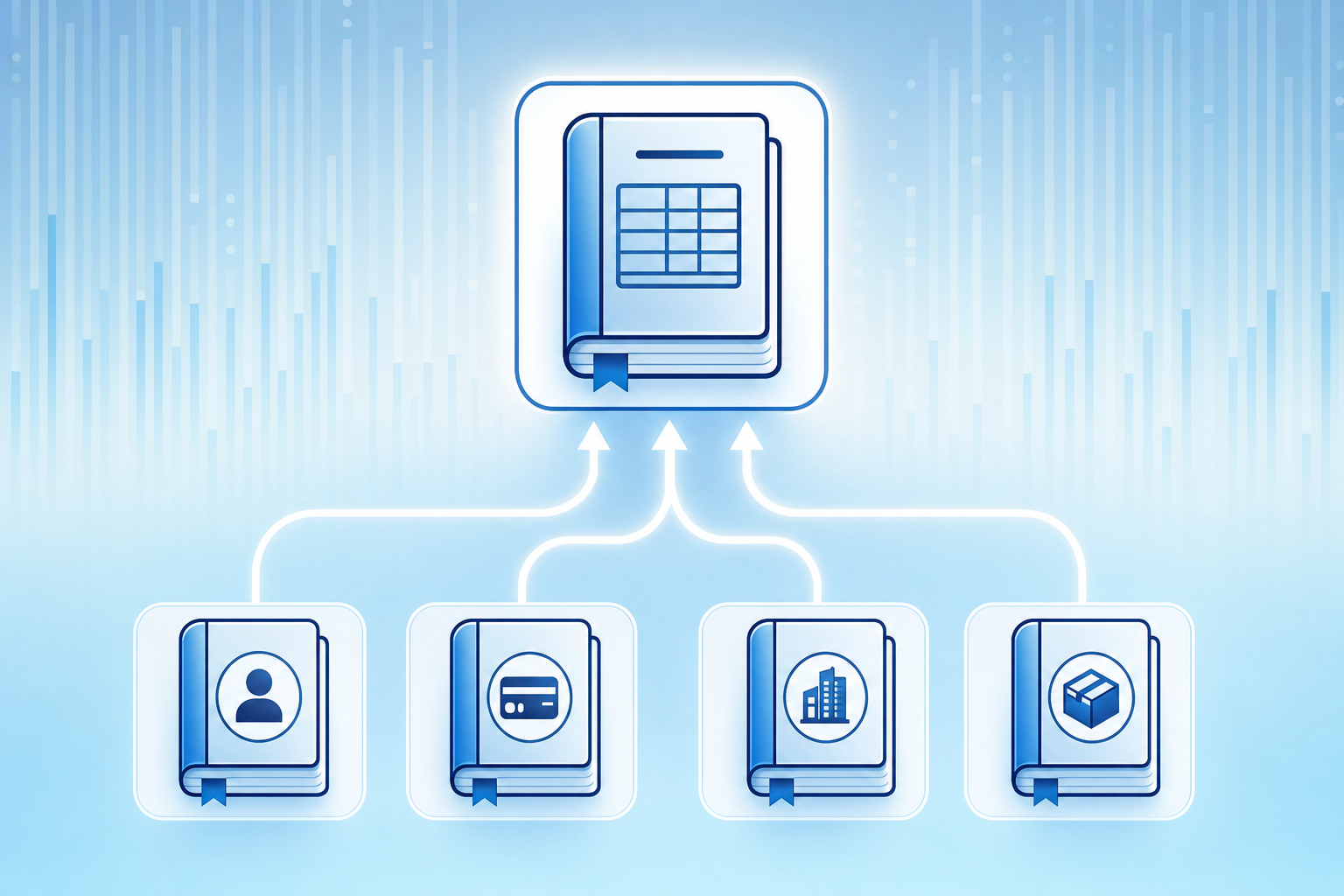 A clean, modern illustration showing a hierarchical structure of accounting ledgers. At the top, a large central book or digital ledger represents the general ledger. Below it, four smaller books or ledger icons branch out representing sub-ledgers: accounts receivable, accounts payable, fixed assets, and inventory. Use arrows or lines flowing upward to show how information from sub-ledgers consolidates into the general ledger. Professional color scheme with blues and subtle gradients. Minimalist, geometric style suitable for a business finance article. No text or labels.