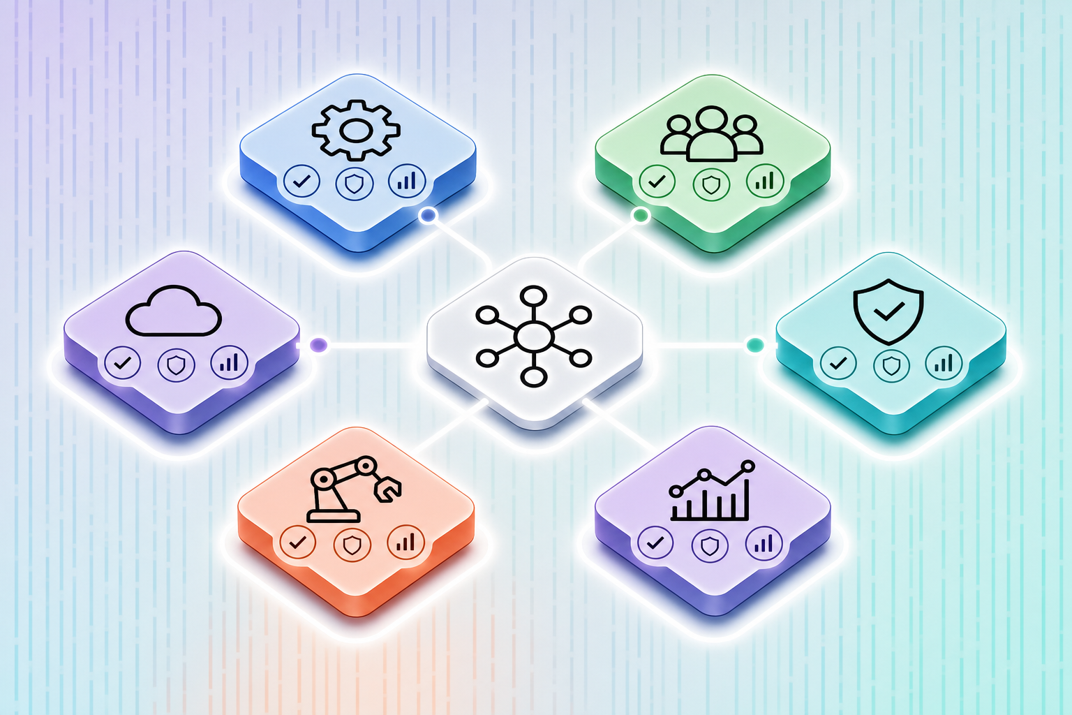 A clean, professional comparison visualization showing six different software platforms represented as distinct nodes or modules arranged in a modern layout. Each platform is shown as a sleek geometric shape or card with different colors (blues, greens, purples, oranges). Visual elements include connection lines, checkmarks, and feature indicators represented abstractly through icons (gears for automation, shields for security, charts for analytics, user silhouettes for team features). Isometric perspective, minimalist style with a light gradient background, tech-forward aesthetic. No text or letters anywhere in the image.