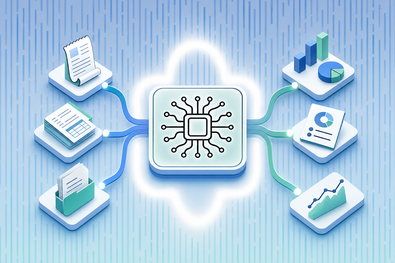 A clean, modern illustration showing an AI agent workflow for financial tasks. Visual depicts three connected stages: data inputs flowing in (transaction receipts, invoices, financial documents), a central AI processing node with circuit patterns analyzing the information, and outputs flowing out (categorized transactions, reports, and insights). Use a professional color palette with blues and greens, isometric perspective, minimalist style with clean lines and geometric shapes. No text or letters in the image.