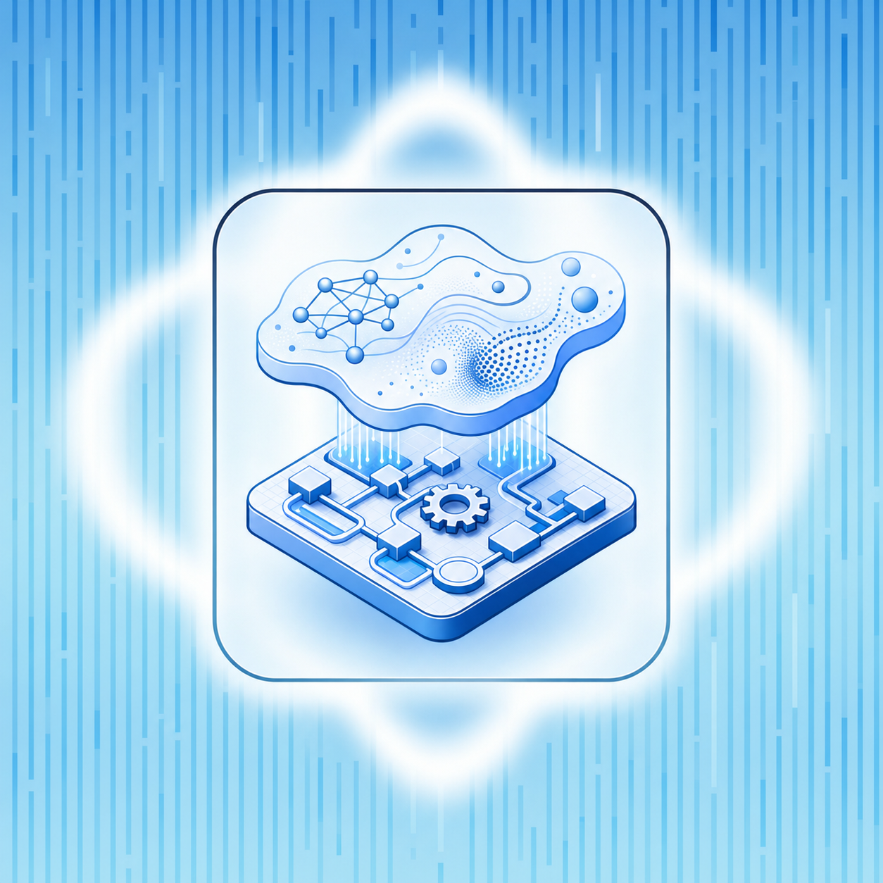 A clean, modern illustration showing two distinct layers of an AI system architecture. The top layer represents probabilistic reasoning with abstract flowing patterns, neural network nodes, and organic shapes suggesting interpretation and understanding. The bottom layer shows deterministic execution with structured geometric patterns, clear pathways, and precise mechanical elements suggesting rules and workflows. The layers are visually connected but clearly separated, using a professional blue and white color scheme with subtle gradients. Isometric perspective, minimal style, no text or labels.