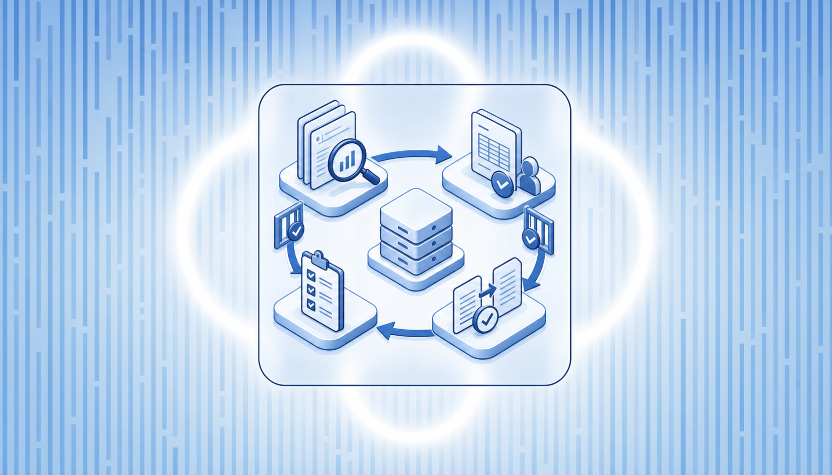A clean, modern illustration showing an automated month-end accounting close workflow. Visual representation of a circular or sequential process with distinct stages: anomaly detection scanning financial records, journal entry review with approval checkpoints, automated reconciliation matching transactions, and a checklist being completed. Use a professional blue and white color scheme with subtle gradients. Show abstract representations of financial documents, GL ledgers, and approval gates flowing through the workflow. Isometric perspective, minimal style, no text or labels.