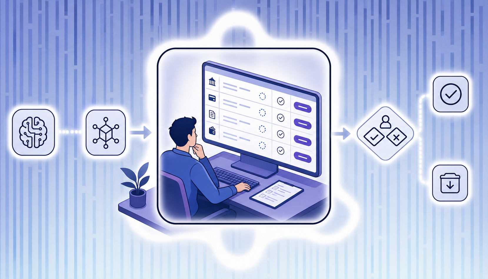 Professional illustration of a human-AI collaboration workflow showing an approval gate process, with a review queue interface displaying financial transactions awaiting human approval, clean modern UI elements, checkmarks and approval buttons, accountant reviewing AI-generated work on a screen, blue and purple color scheme, isometric perspective, minimal sophisticated style, geometric shapes representing workflow stages