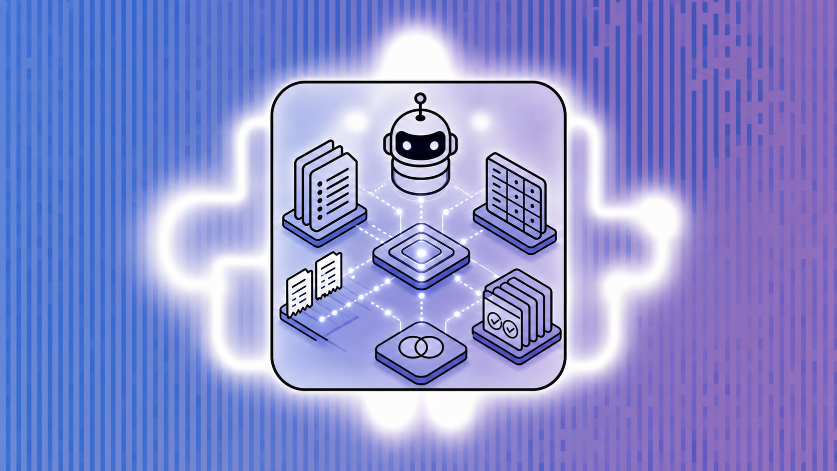 Modern abstract visualization of an autonomous AI system executing accounting workflows, showing layered digital process flows with transaction data streams, reconciliation patterns, and automated matching operations, clean geometric shapes representing organized financial data processing, professional blue and purple gradient color scheme, isometric perspective, minimal and sophisticated style