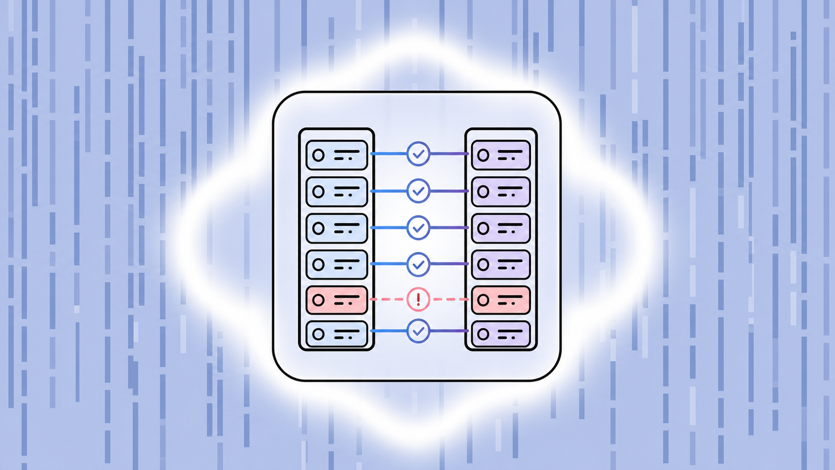 A clean, modern illustration showing accounting reconciliation process with matching transactions. Visualize two parallel columns or ledgers side by side with connecting lines between matching items, checkmarks indicating verified matches, and a few highlighted mismatches or flagged items. Use a light background with organized geometric shapes representing transaction records, flow arrows in blue and purple tones, professional business illustration style, minimal and clean design, no text or letters.