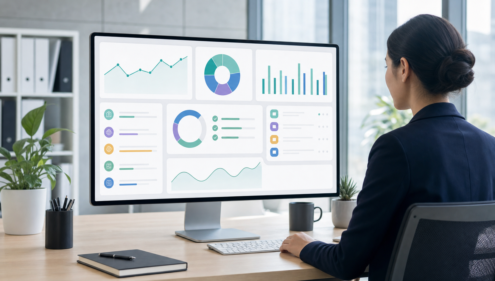A sleek, modern accounting dashboard interface displayed on a large monitor in a bright contemporary office, showing real-time financial charts, transaction categorization panels, and reconciliation progress indicators, with a professional accountant reviewing data on screen, soft natural light, clean minimal aesthetic, no text or labels visible