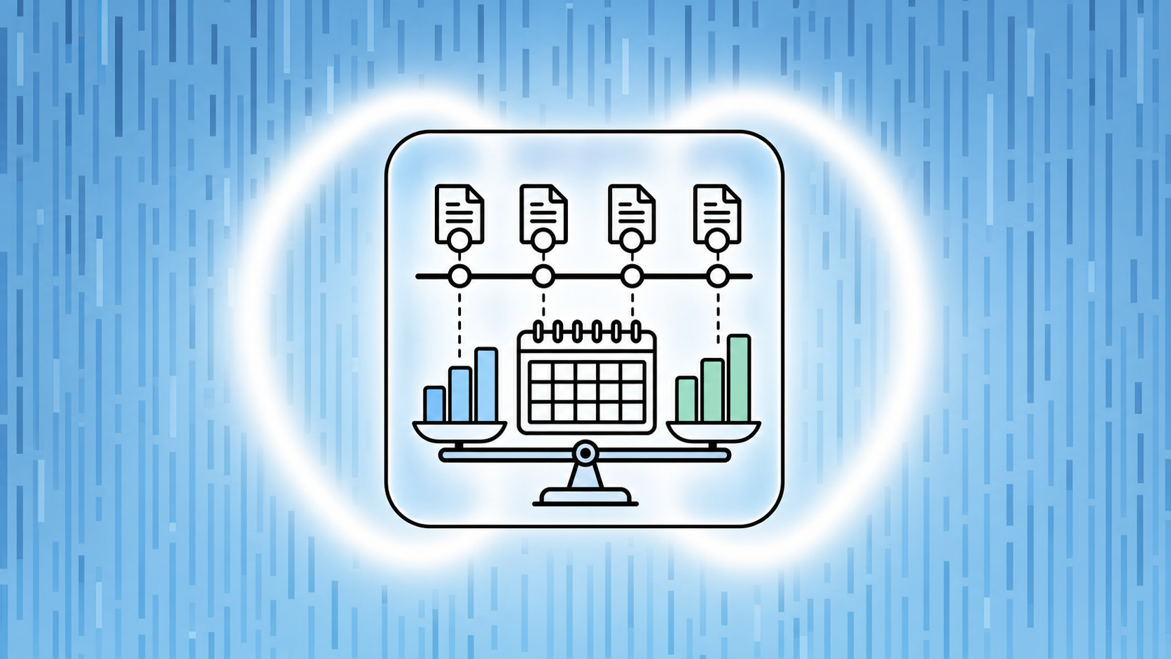 A clean, modern illustration showing a timeline of recurring subscription payments flowing into a balance scale or calendar, representing how annual subscription revenue is split and recognized evenly across months. Abstract financial concept with blue and green tones, bar chart elements and monthly segments, no text or labels, flat design style, professional and minimal