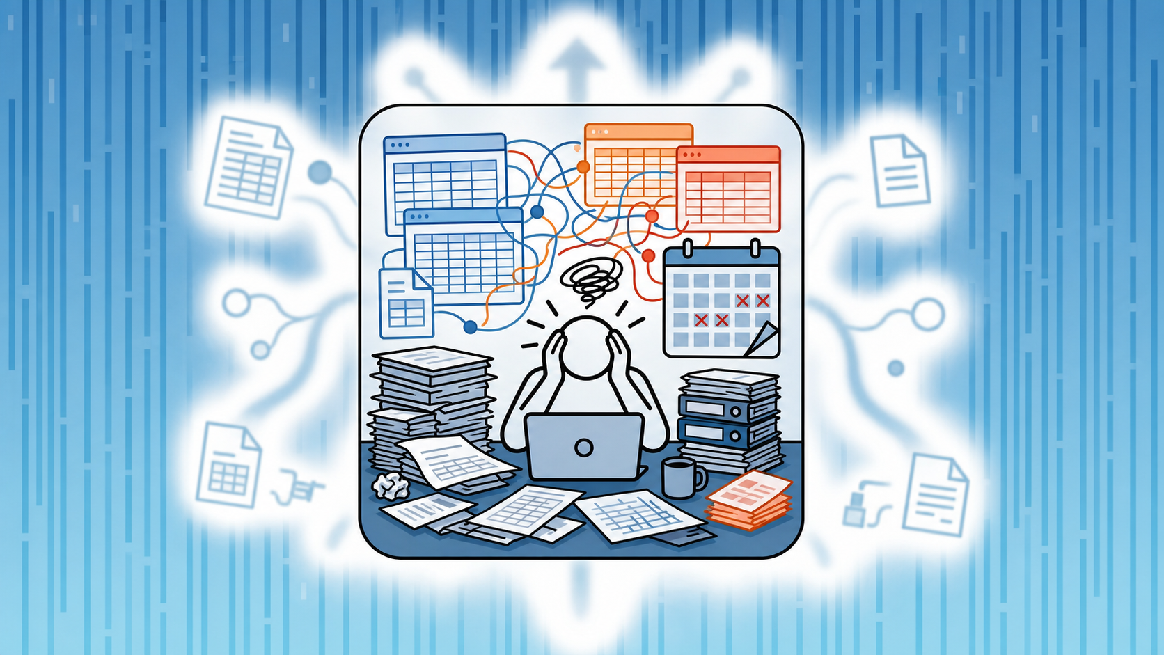 A modern flat design illustration showing a cluttered desk with multiple overlapping spreadsheets, tangled data flows, a calendar with late deadlines marked, and a stressed abstract figure surrounded by stacks of financial documents and CSV files. Visual metaphor for overwhelmed manual accounting processes. Blue, orange, and red tones, no text or labels, clean professional style.