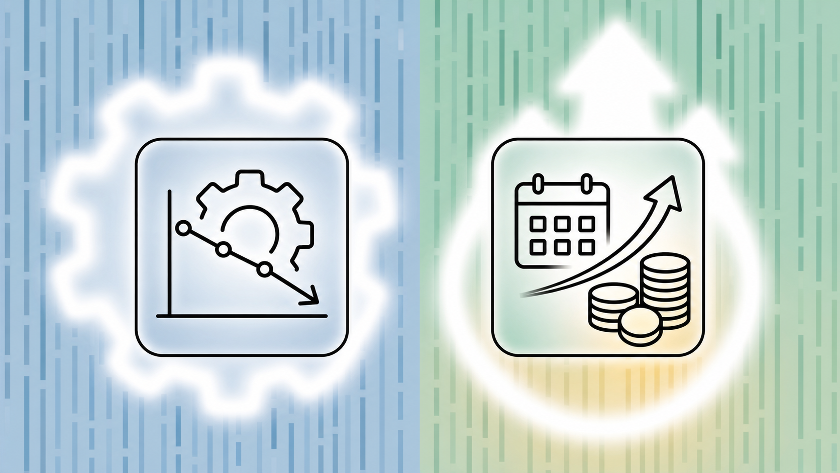 A clean, modern flat-design illustration showing two contrasting panels side by side: on the left, a muted scene with a partial gear and a downward-sloping graph line representing reduced depreciation rates; on the right, a bright vibrant scene with a upward arrow, a calendar page, and stacked coins symbolizing full 100% immediate expensing. Soft blue, green, and gold color palette, minimal icons, no text or numbers, white background.