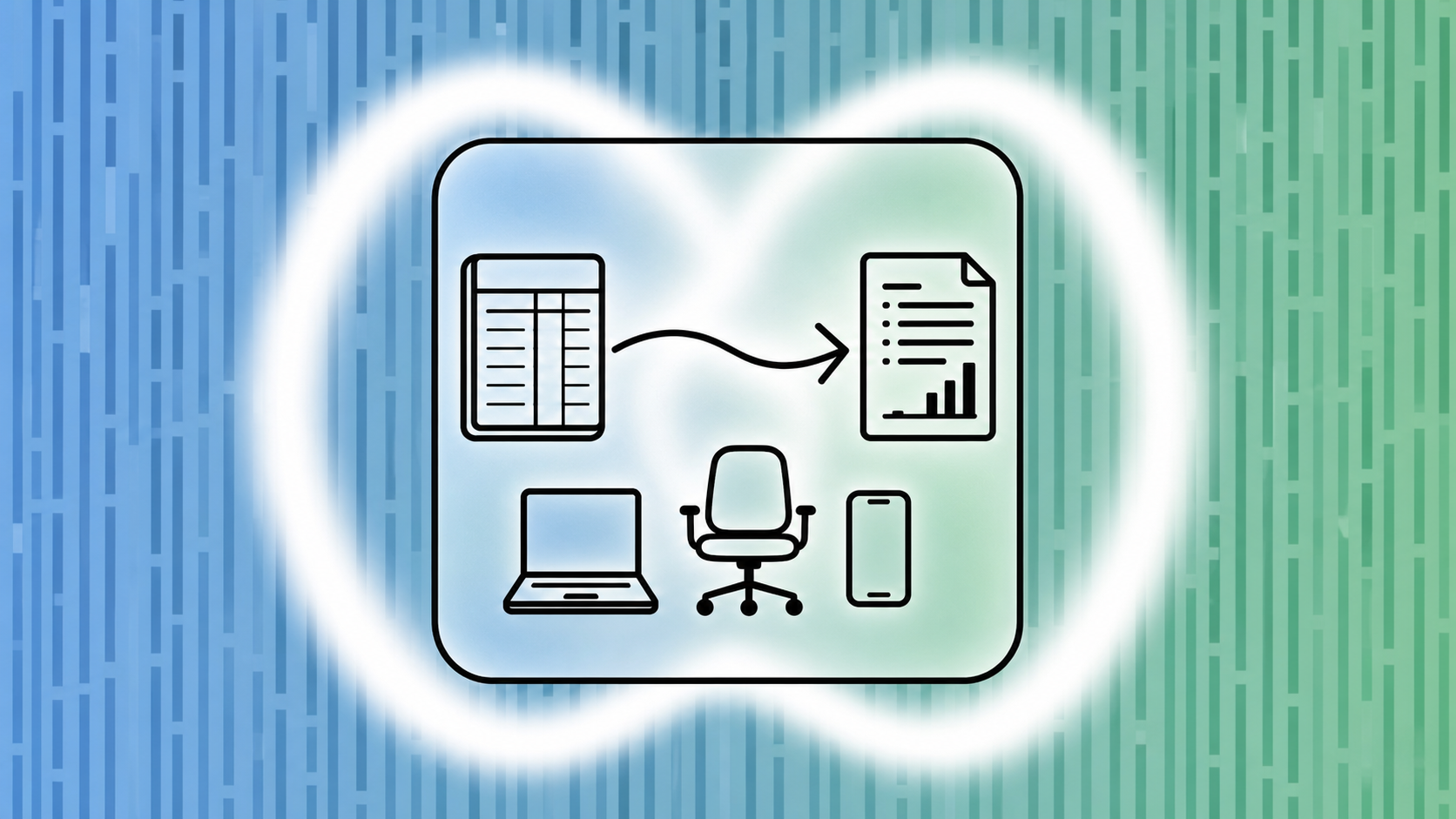 A clean, modern illustration showing a laptop computer, office chair, and smartphone arranged as physical business assets, with a smooth flowing arrow transitioning from a balance sheet ledger on the left to a profit and loss statement on the right, symbolizing depreciation expense moving over time. Soft blue and green color palette, minimal flat design style, no text or labels.