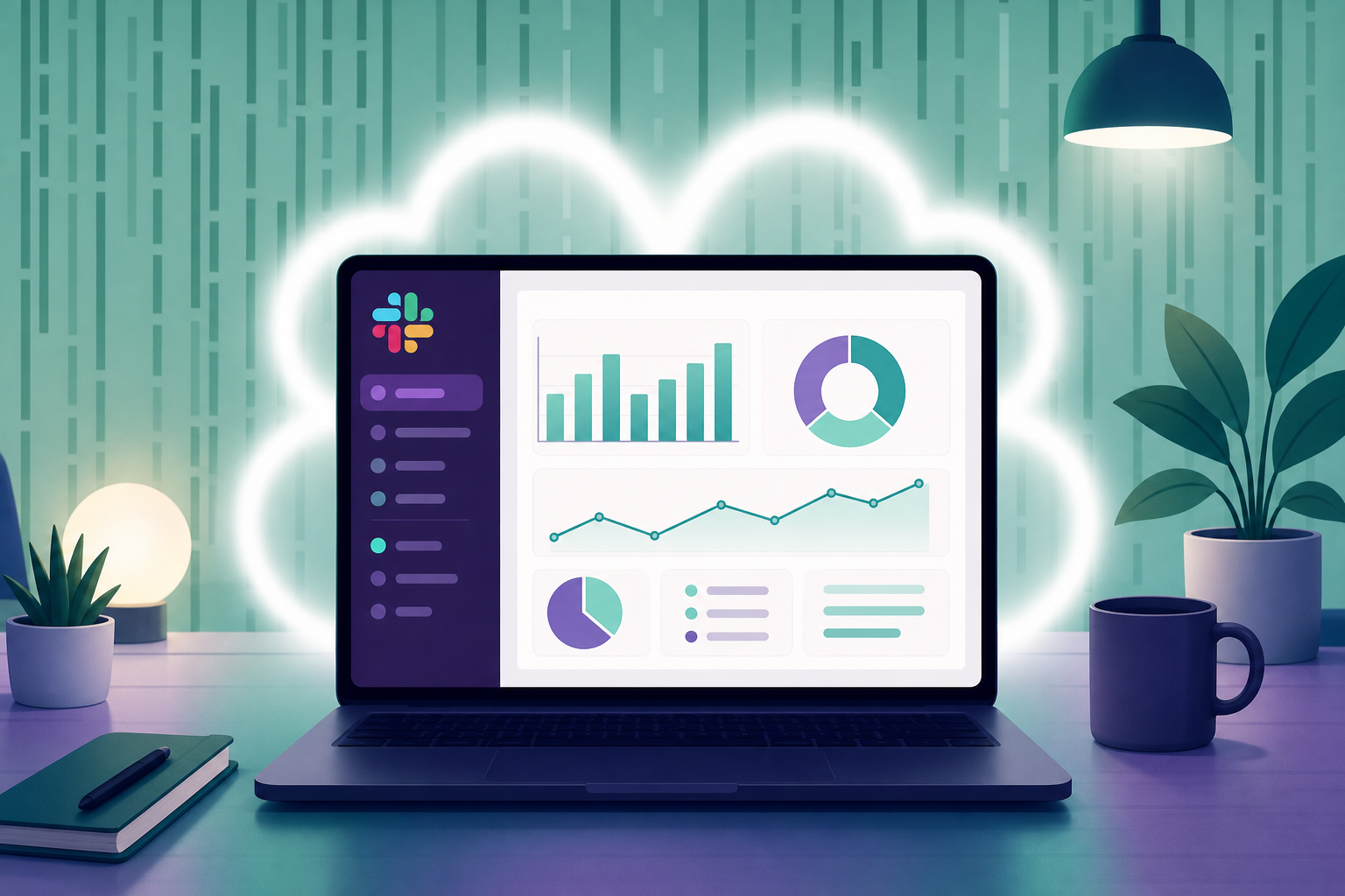 A modern startup office scene showing a sleek laptop screen displaying a Slack interface with financial charts and graphs, surrounded by clean minimal desk setup with soft ambient lighting, symbolizing real-time financial automation and AI-powered bookkeeping, flat design illustration style with teal and purple color tones