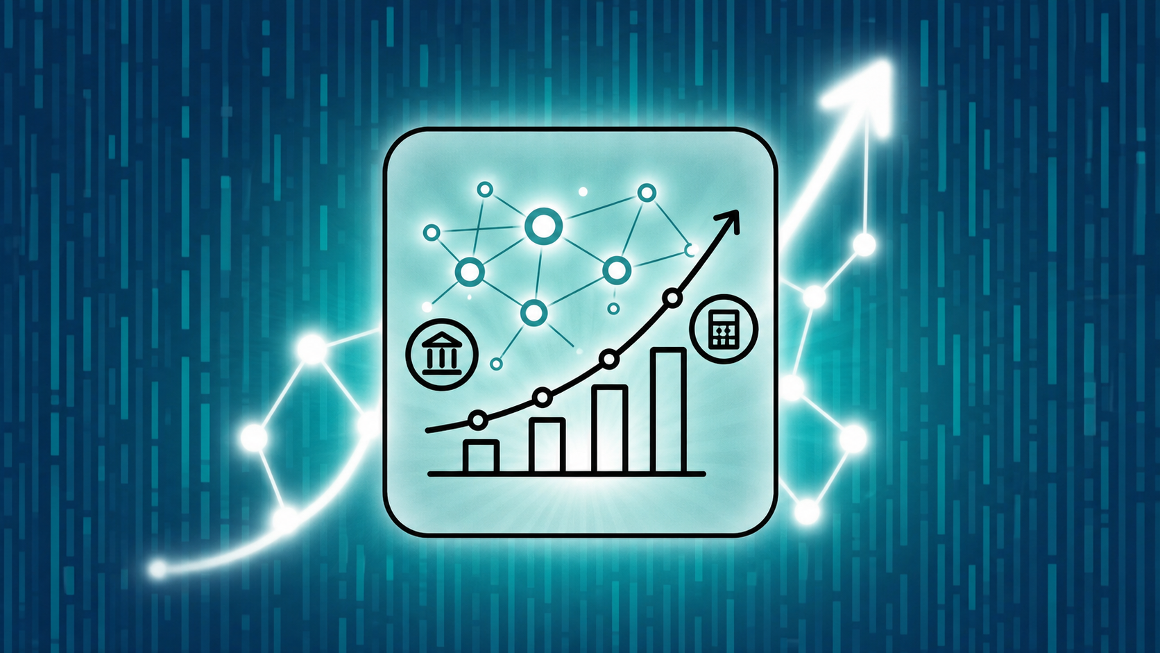 An upward-trending growth chart visualization showing rapid acceleration, with glowing data nodes and interconnected network lines representing AI adoption across finance and accounting industries, modern flat illustration style with teal and deep navy blue color palette, abstract digital circuits and financial graph elements, no text or labels
