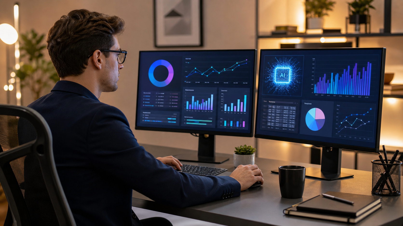 A modern accountant sitting at a sleek desk with dual monitors displaying colorful financial dashboards and charts, soft warm office lighting, a glowing AI interface visible on screen, the accountant confidently reviewing data, professional and forward-looking atmosphere, clean minimal workspace, photorealistic style