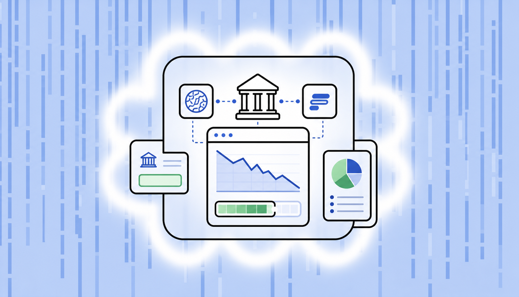 A clean, modern illustration of a startup finance dashboard showing real-time bank balance, burn rate chart, and runway tracker. Mercury bank account connected to a Stripe integration and an accounting software interface. Flat design style with a light background, blue and green accent colors. No people, no text labels.