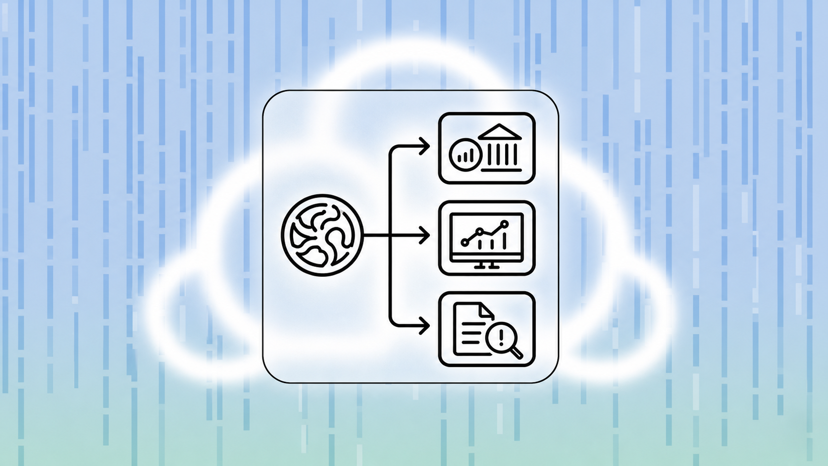 A clean flat-design illustration showing a startup finance team's API-first banking workflow. A central Mercury bank icon connects via arrows to three automated flows: a nightly Stripe payout sweep into a sub-account, a burn rate dashboard updating in real time, and an exceptions report flagging unmatched invoices. Light background with blue and green accents, minimal UI elements, no people, no text labels.