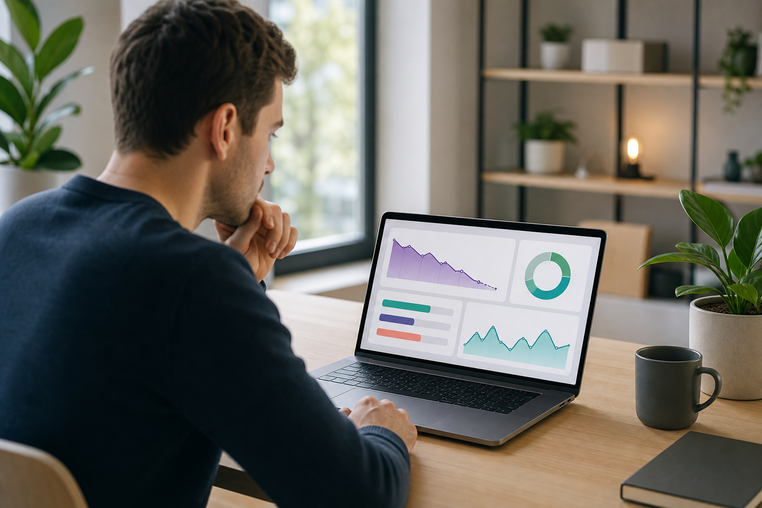 A modern startup founder sitting at a clean minimal desk, looking at a sleek laptop screen displaying colorful financial dashboard charts showing burn rate graphs, runway progress bars, and cash flow trends. Soft natural light, contemporary office setting with plants, warm and professional atmosphere. No text or labels visible anywhere.