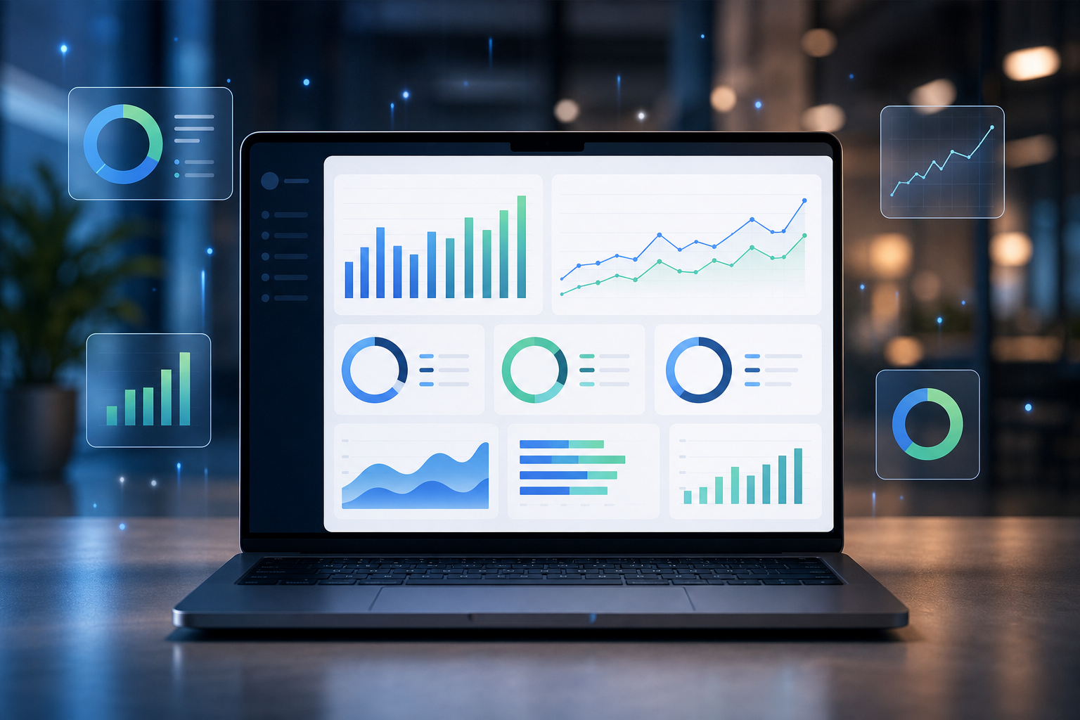 A modern financial dashboard interface displayed on a sleek laptop screen, showing colorful charts and graphs including bar charts, line graphs, and circular gauges representing cash flow, burn rate, and runway metrics. The dashboard has a clean, minimal dark and light UI with glowing accent colors in blue and green. Abstract data visualization elements floating around the screen, no text or labels visible, professional startup office environment in the background with soft bokeh lighting.