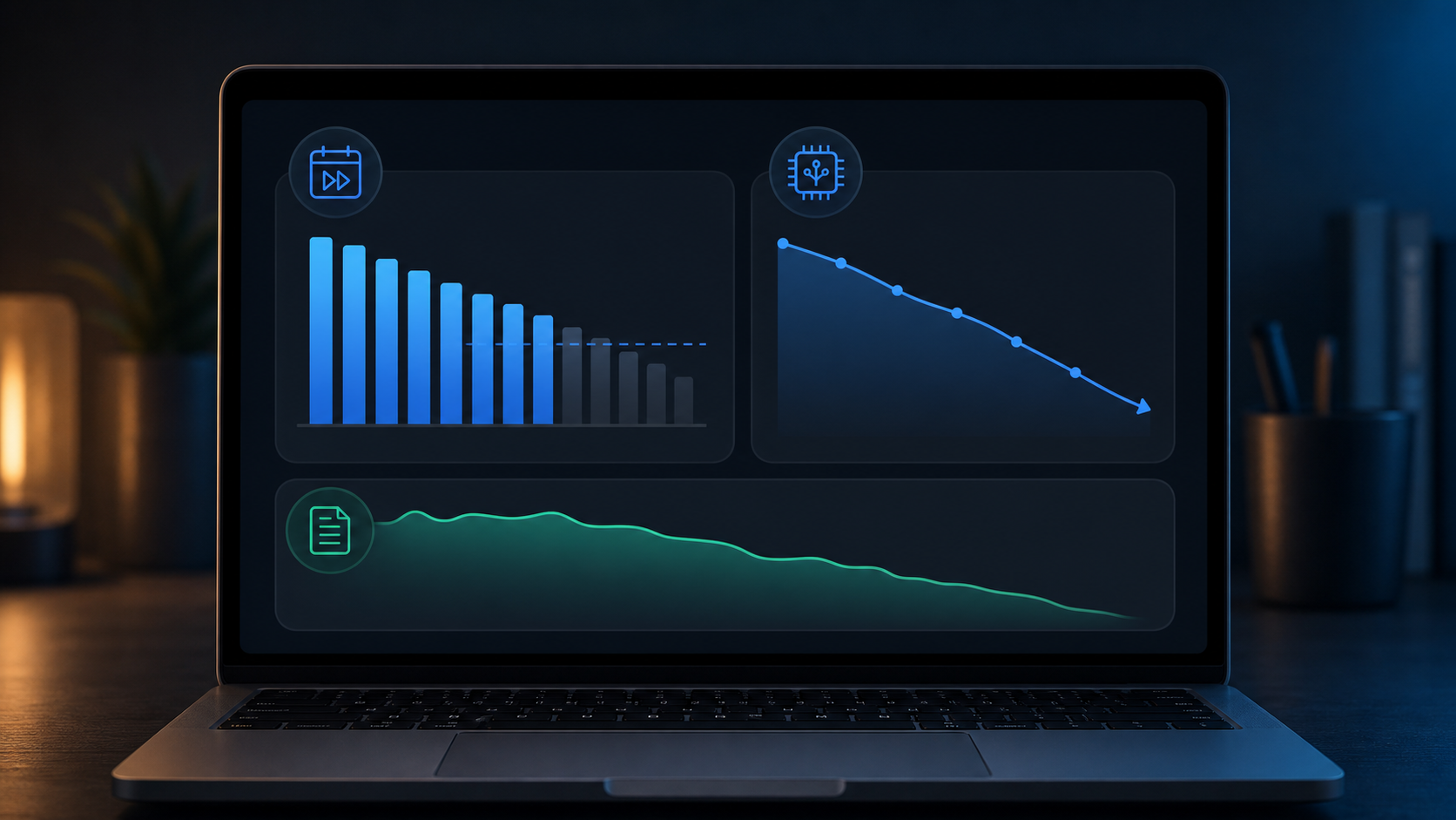 A clean, modern dashboard interface on a dark background showing financial charts and graphs for a startup, including a runway countdown bar chart showing months of cash remaining, a burn rate line graph trending downward, and a cash balance area chart, displayed on a sleek laptop screen with soft ambient lighting, flat design aesthetic, blue and green accent colors