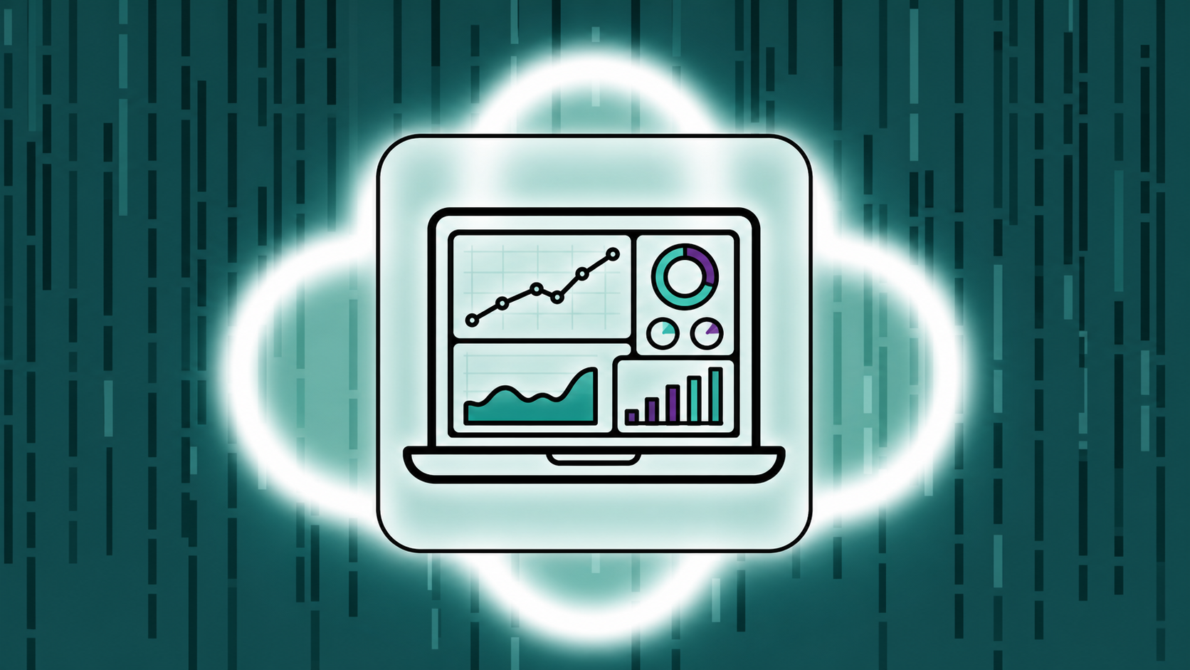 A sleek modern financial dashboard displayed on a laptop screen, showing real-time charts and graphs with burn rate, runway, and cash flow metrics. Clean minimalist interface with glowing data visualizations, line graphs trending upward, circular progress indicators, and colorful bar charts. Dark background with vibrant teal and purple accent colors. Professional startup aesthetic, no text or labels visible.