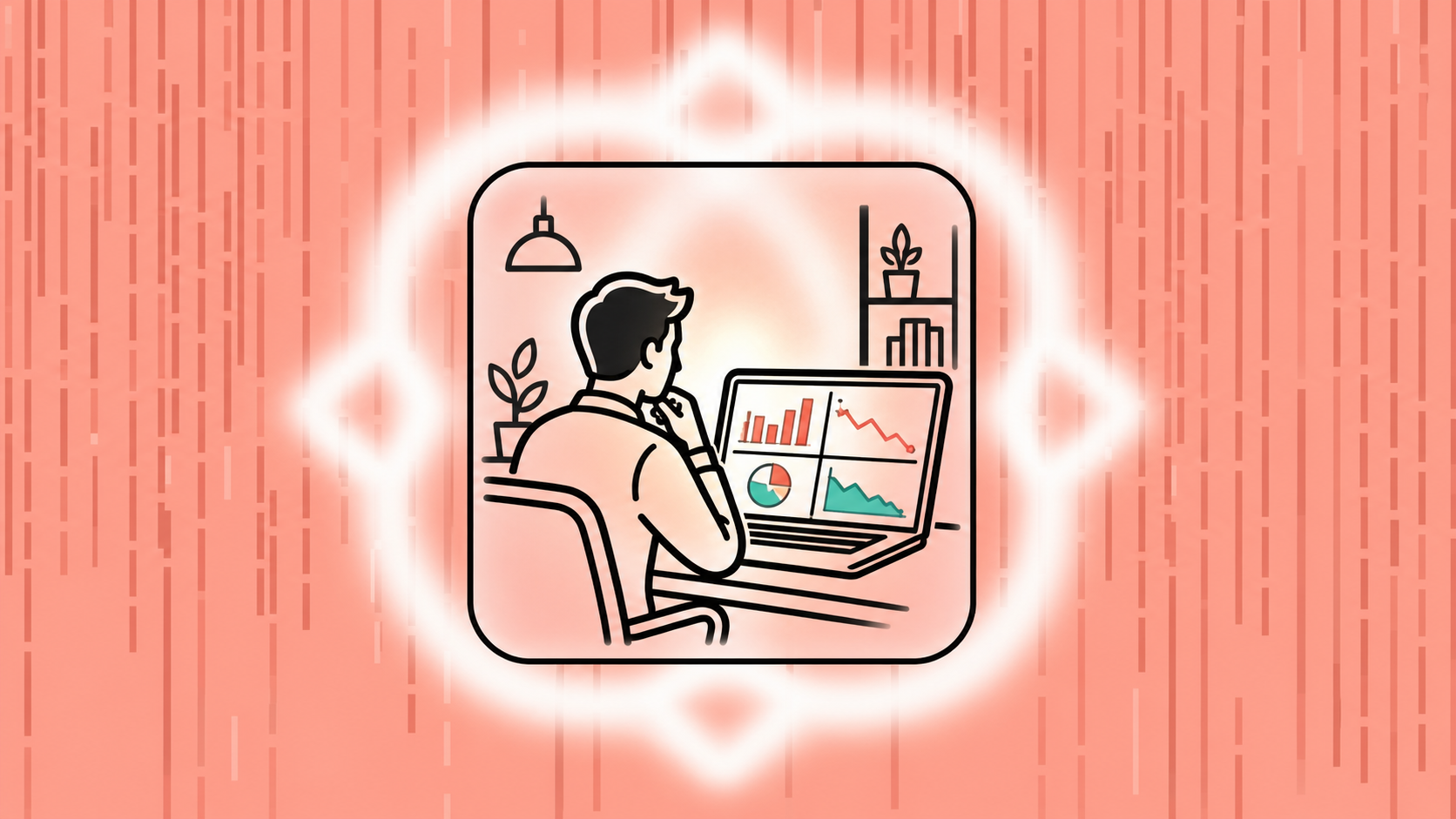 A modern startup founder sitting at a minimal desk, viewing a glowing laptop screen displaying colorful financial charts and dashboard metrics including bar graphs and line graphs showing burn rate and runway data, soft ambient lighting, clean tech office environment, no text or labels visible anywhere
