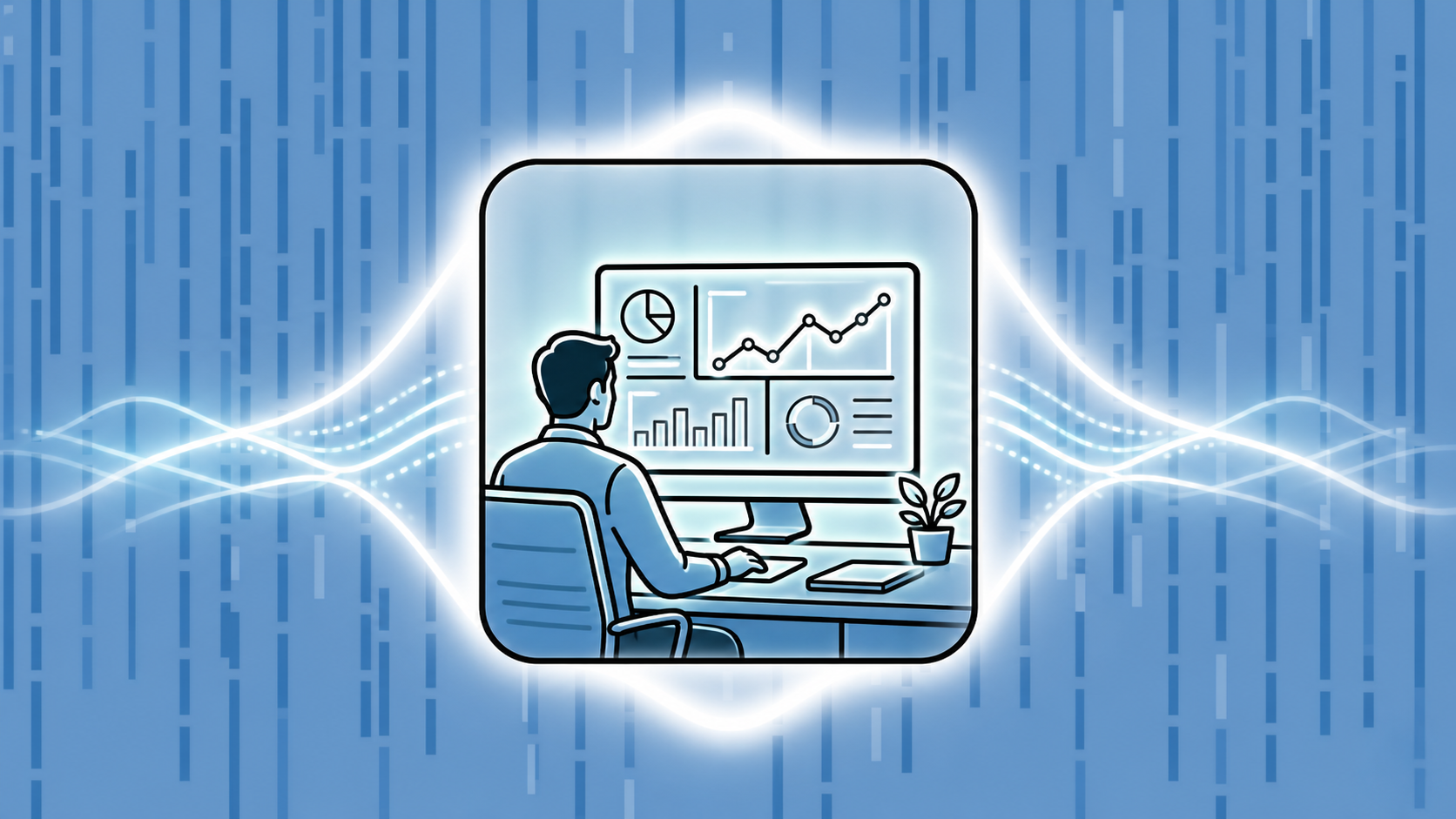 A clean, modern illustration of a startup founder sitting at a minimalist desk reviewing glowing financial dashboards on a large monitor, with abstract flowing data streams and automated chart lines updating in real time, soft blue and teal color palette, no people in the background, professional and tech-forward aesthetic, no text or letters anywhere in the image