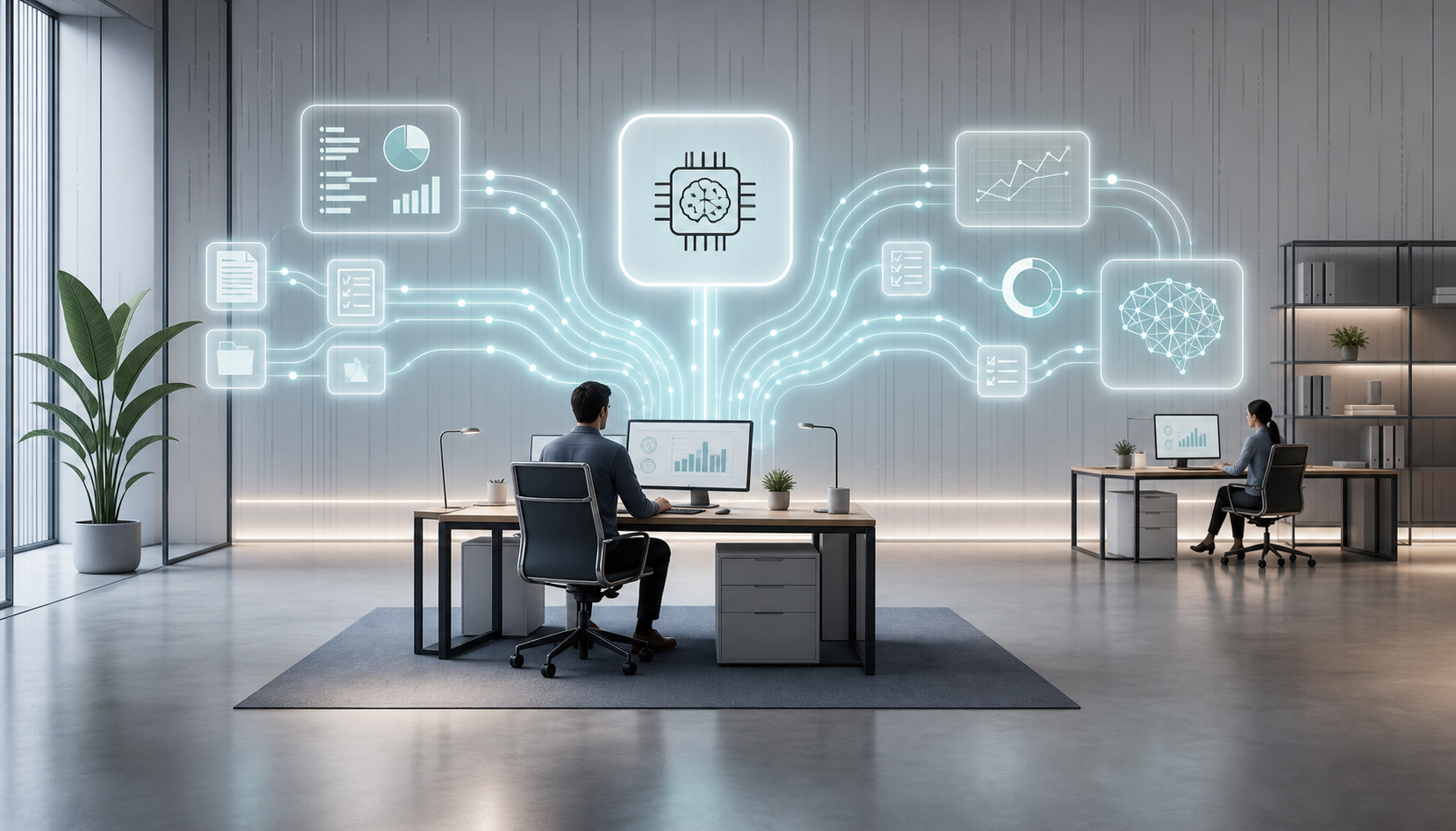 A conceptual illustration of a modern accounting firm with a nearly empty office — only one or two people visible at minimalist desks, surrounded by floating digital charts, automated workflow diagrams, and glowing AI-driven data pipelines, soft neutral tones with teal and blue accents, professional and forward-looking aesthetic, no text or letters anywhere in the image